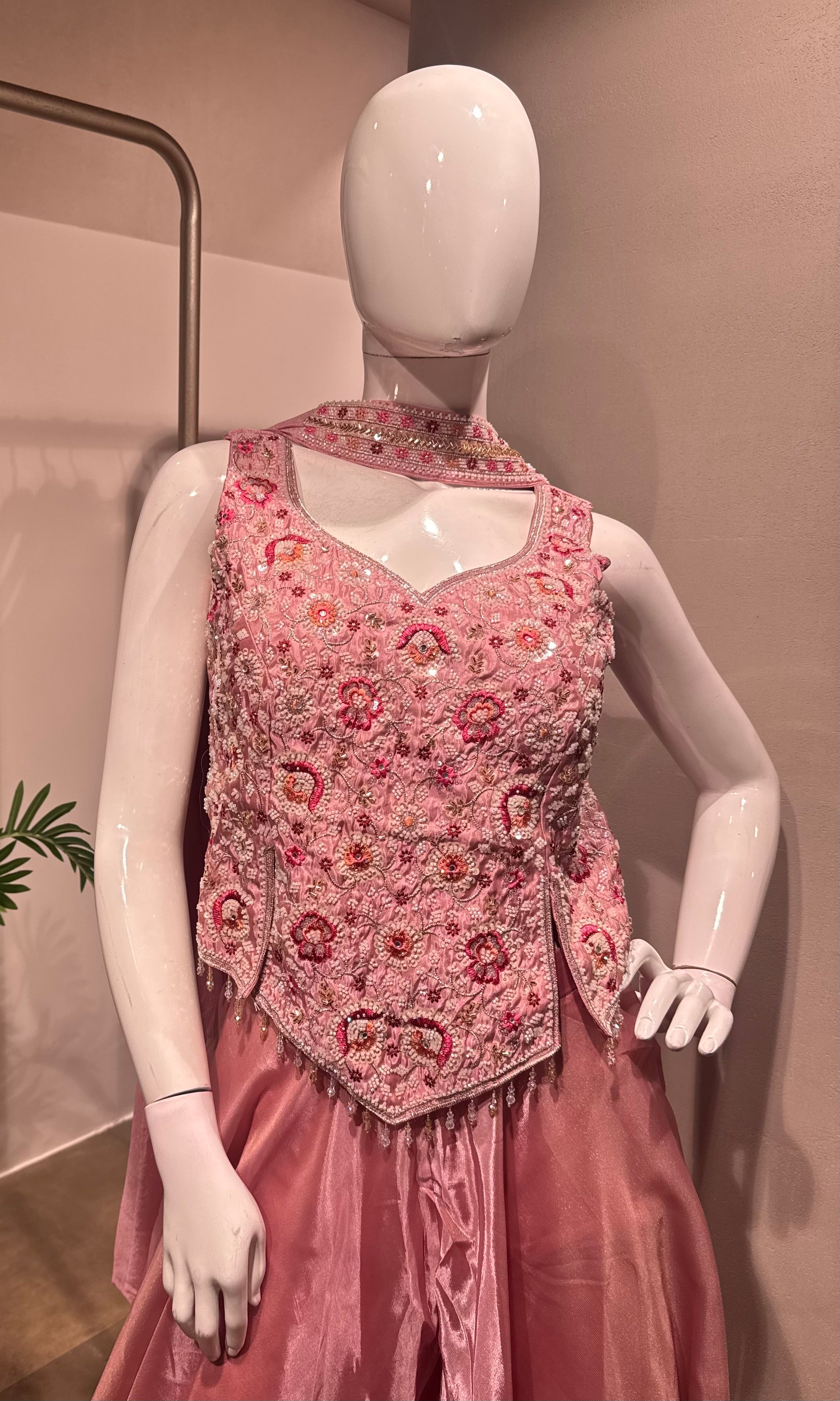 Pink TISSUE Embroidered Peplum & Palazzo Set