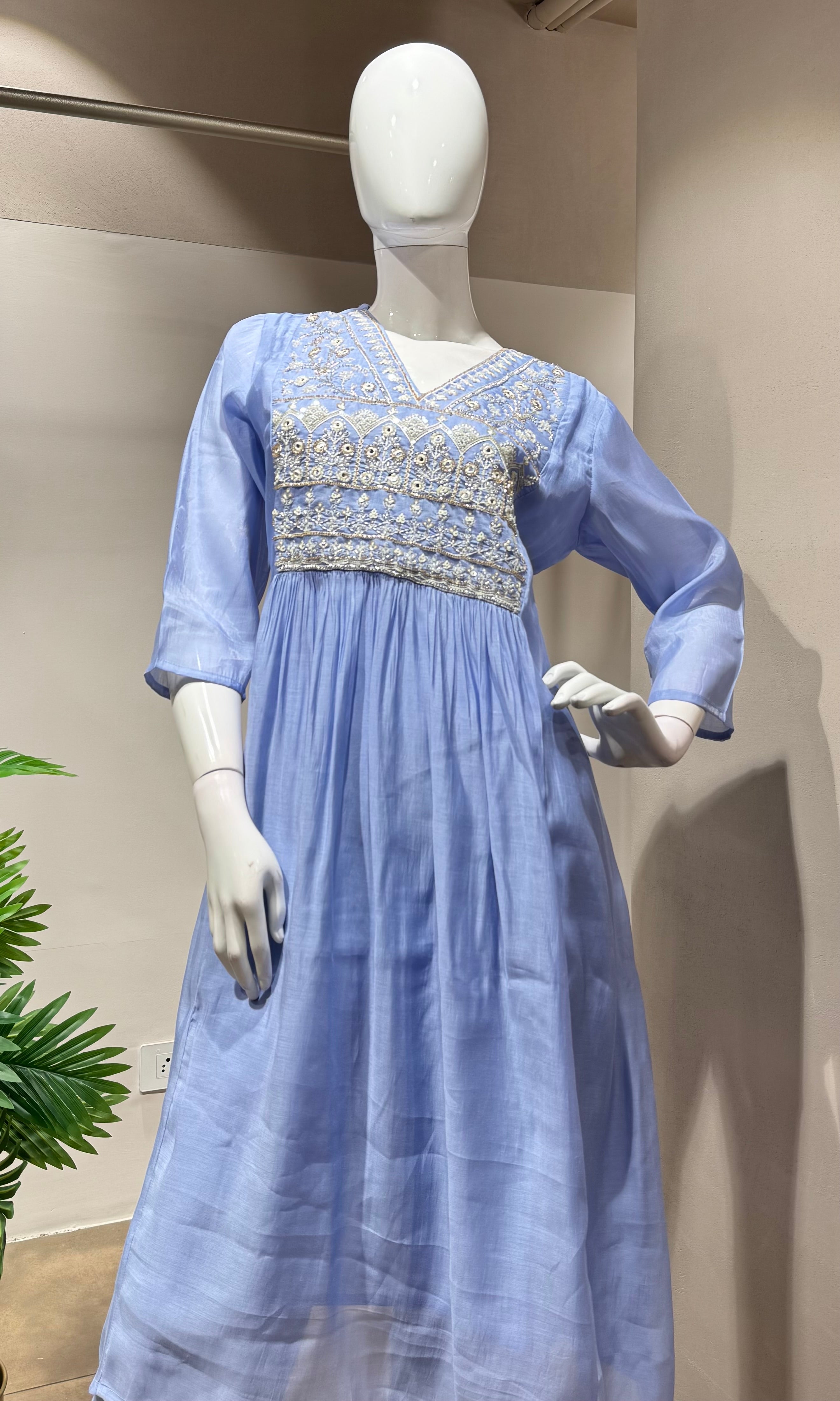 Sea blue pearl mul chanderi kurta set