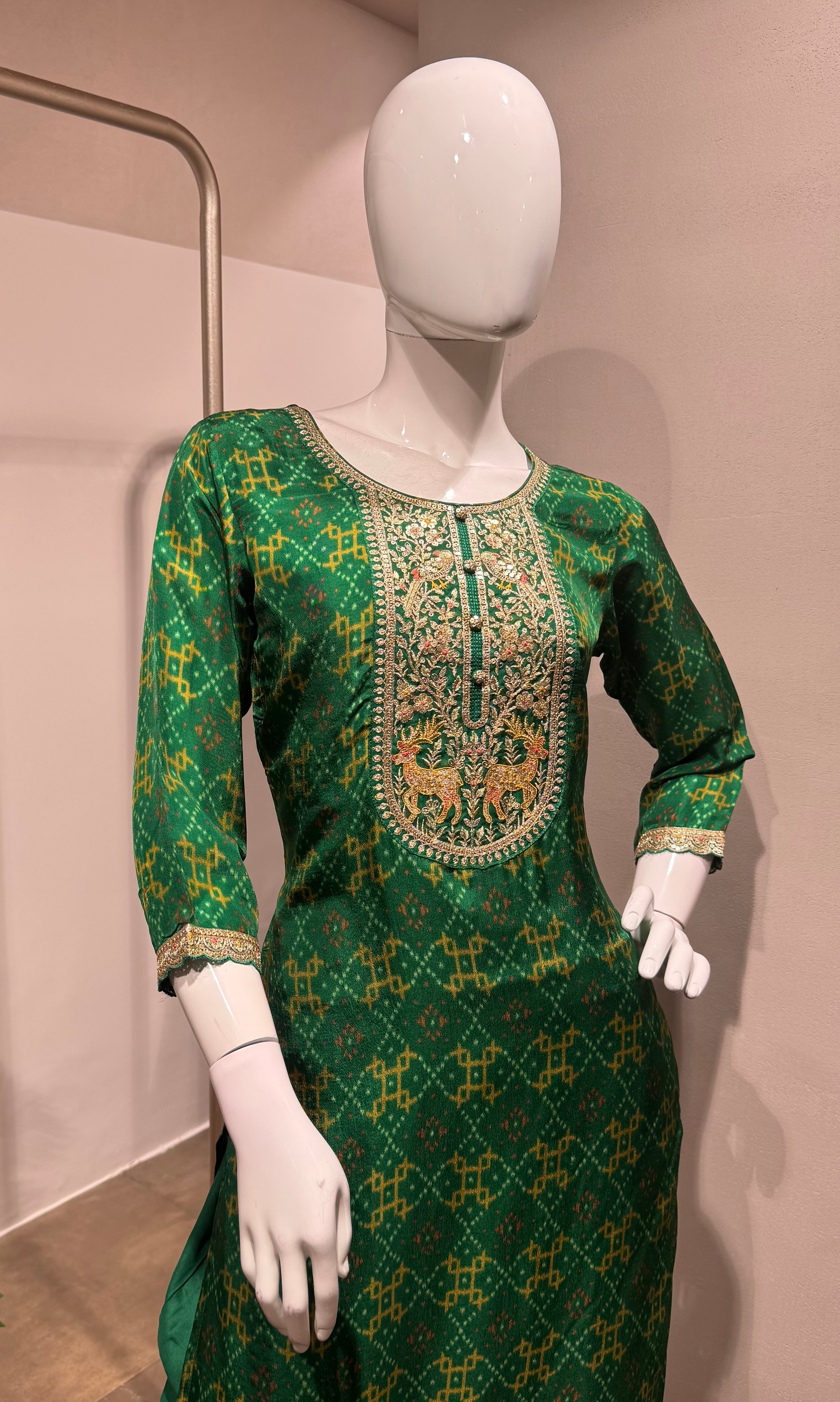 Green embroidered kurta set with dupatta