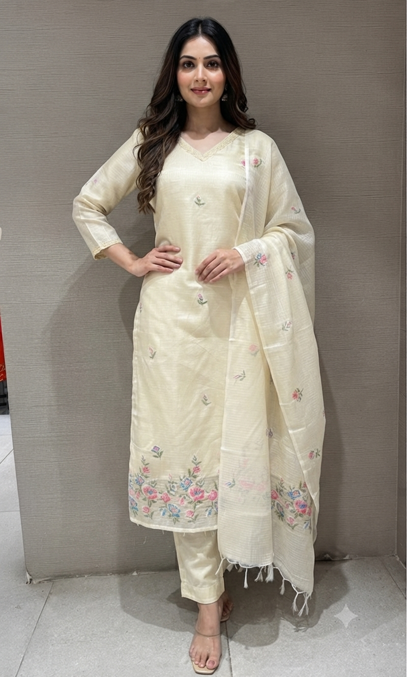 Cream Blossom Chanderi Kurta Set