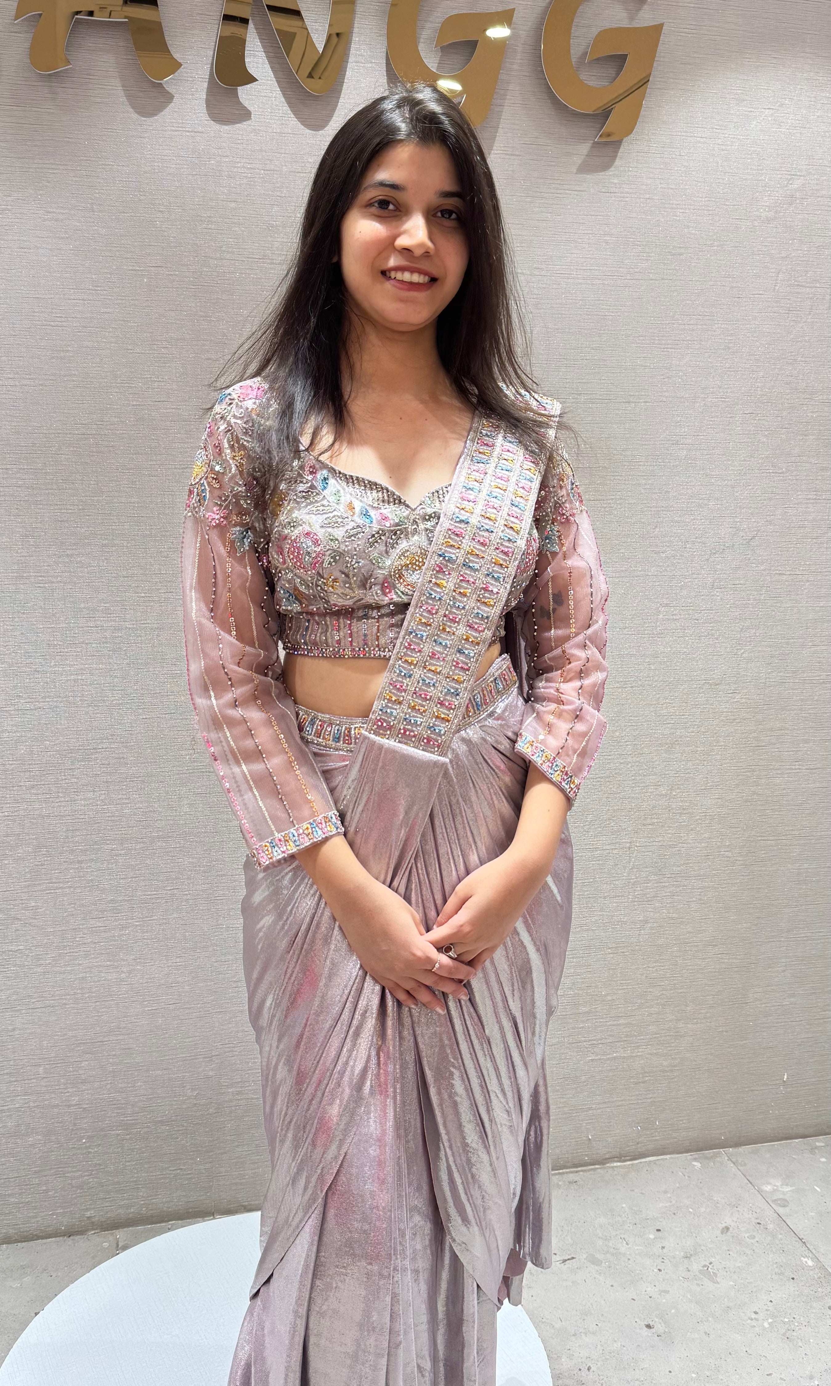 Peach Pre-Draped Metallic Shimmer Saree