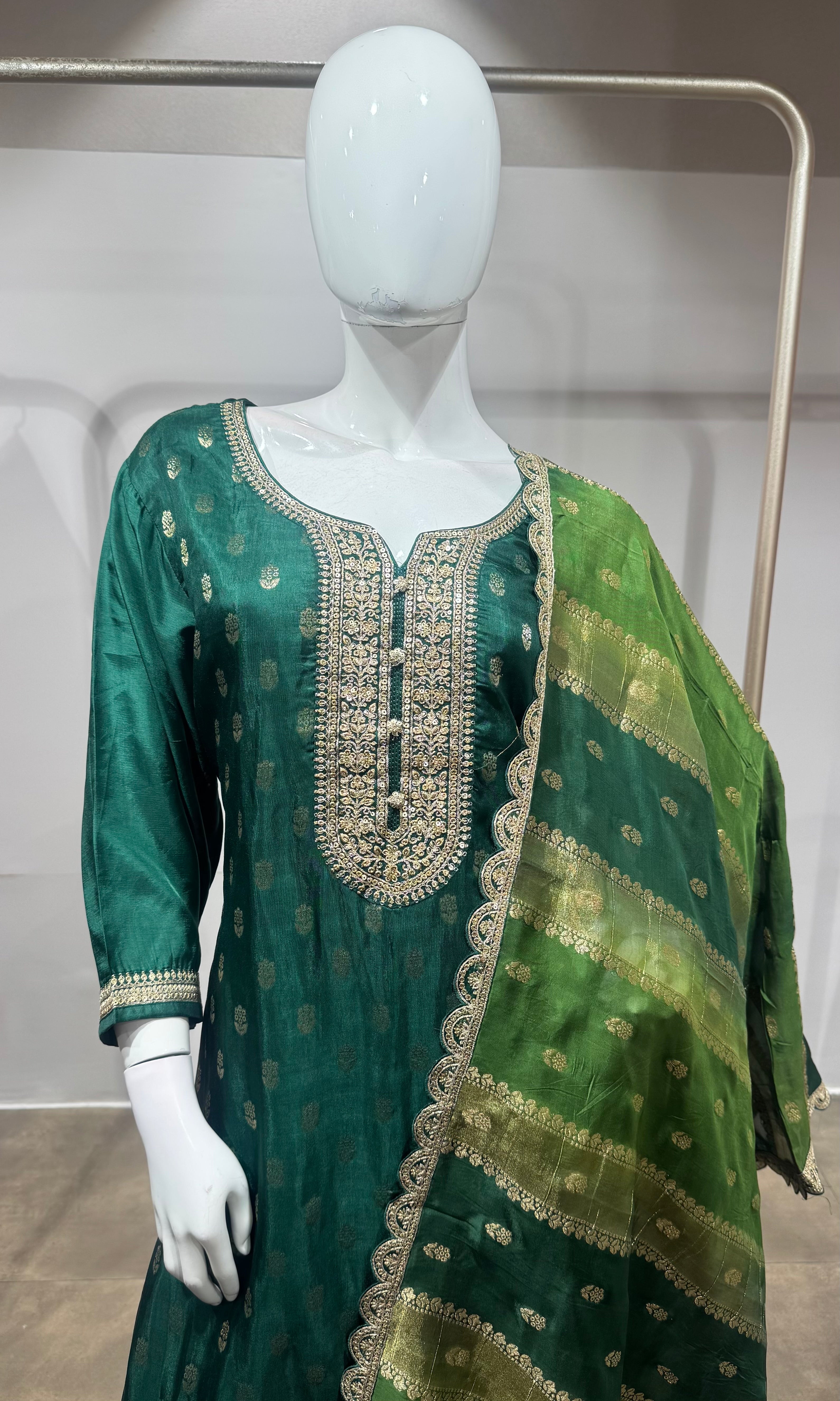 Green gold embroidered kurta set
