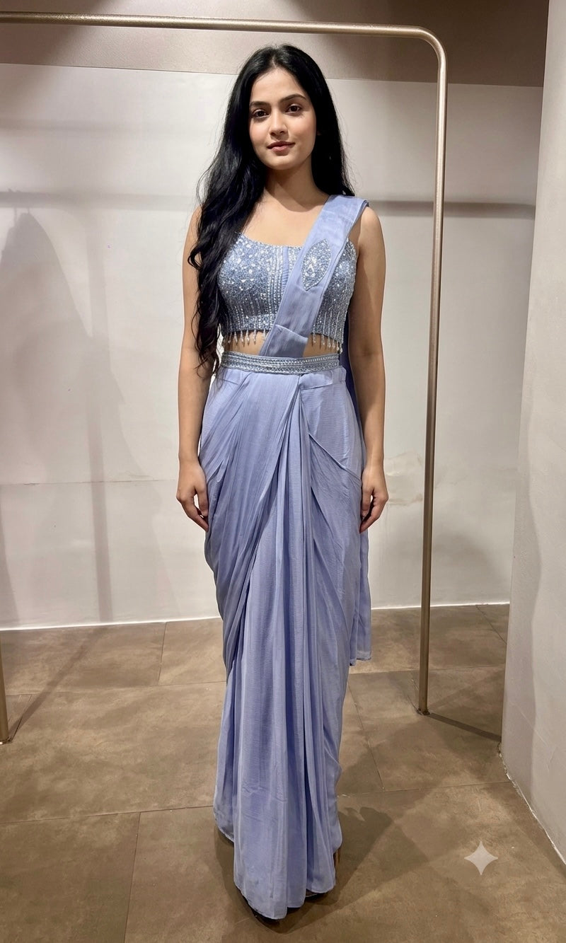 Blue satin drape saree with embellished blouse