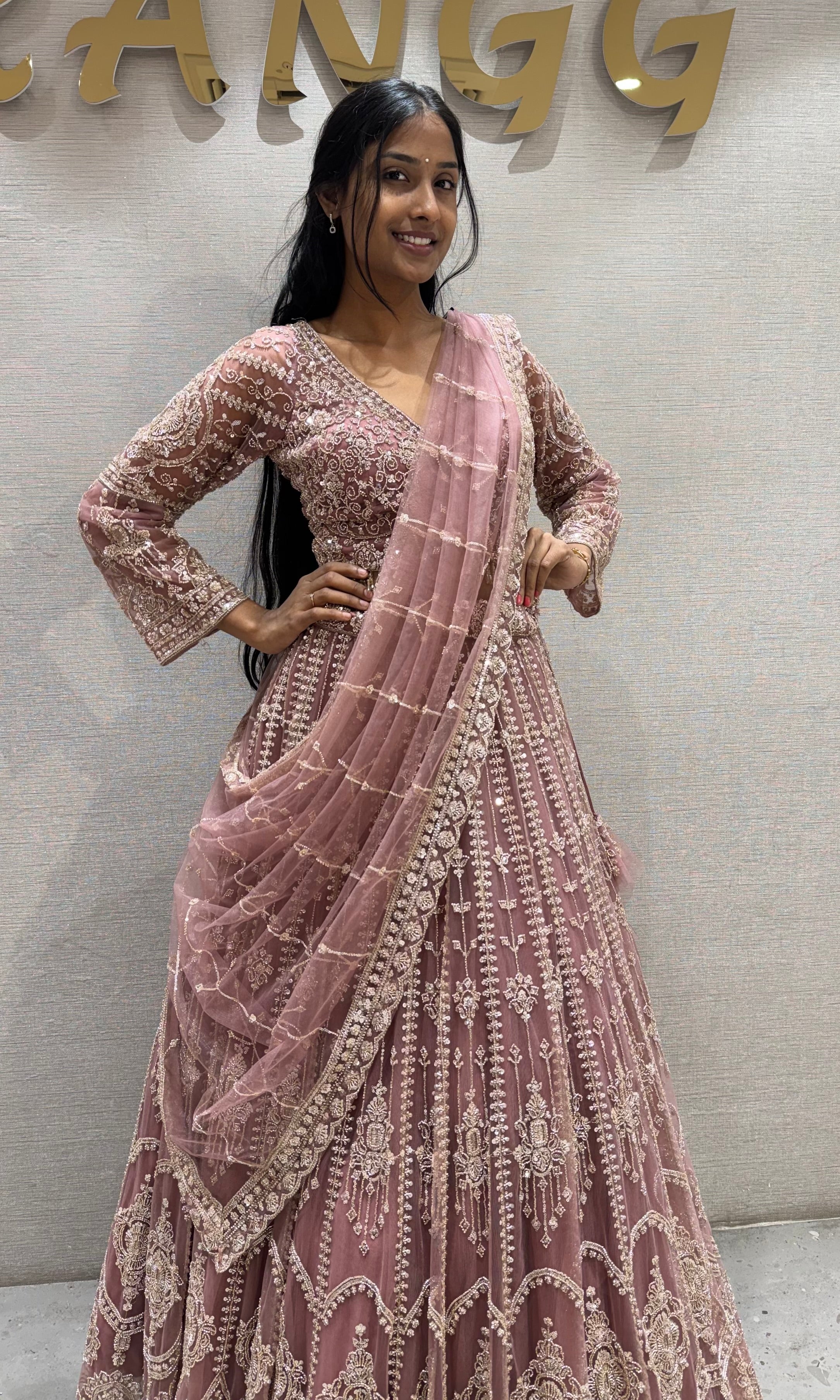 Pastel Rose pink Net Lehenga with Full Embroidered Sleeves
