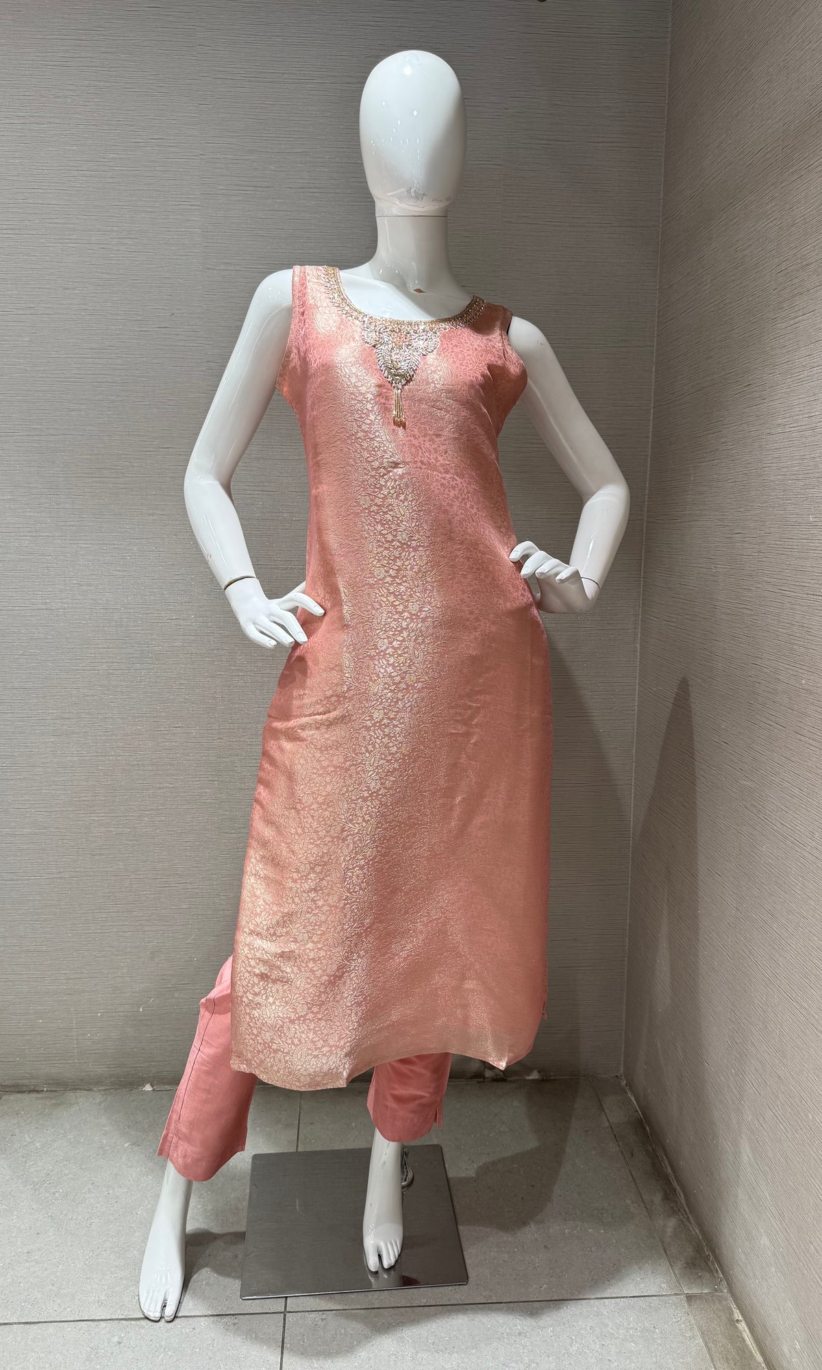 Light Pink Tissue silk Kurta Set with Striped Dupatta