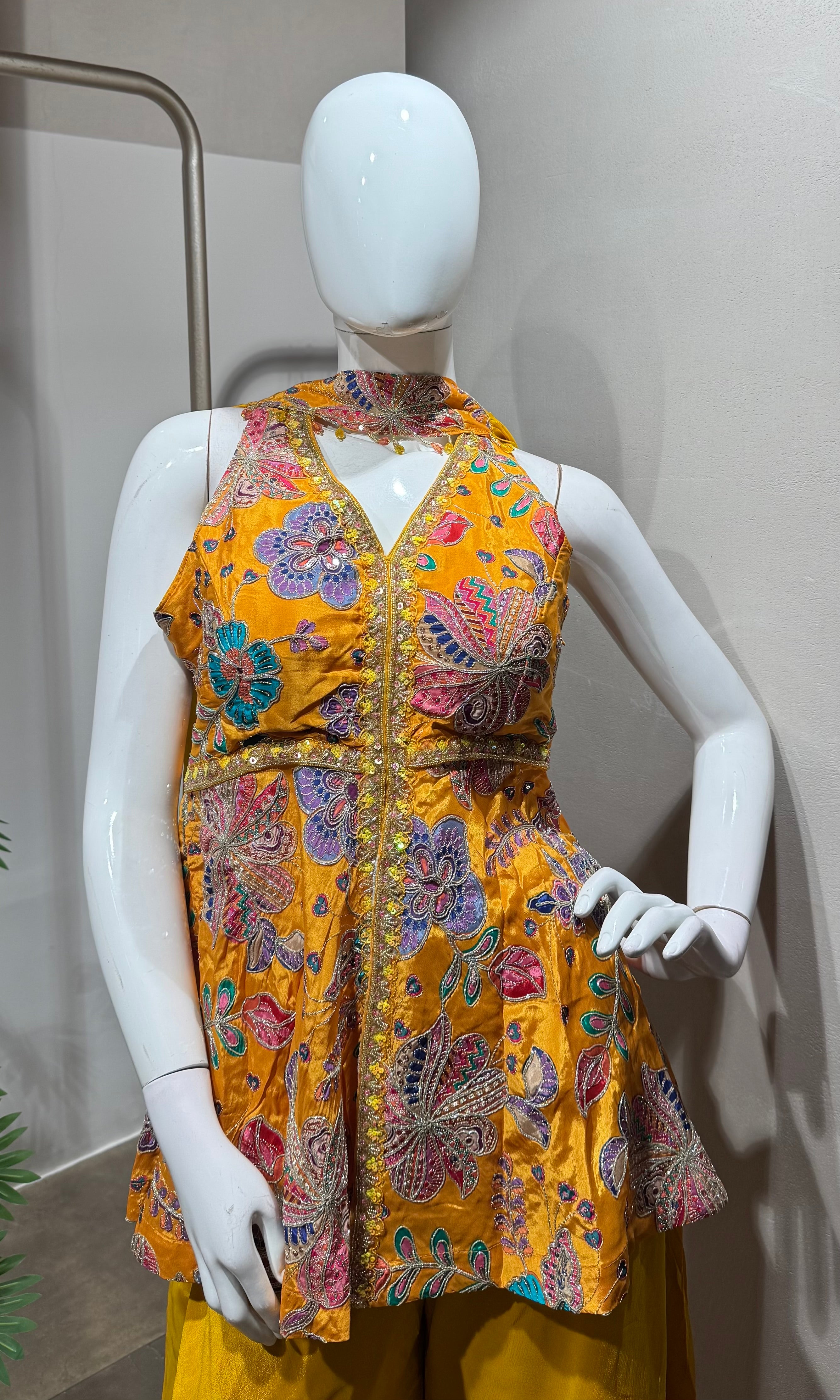 yellow embroidered peplum palazzo set