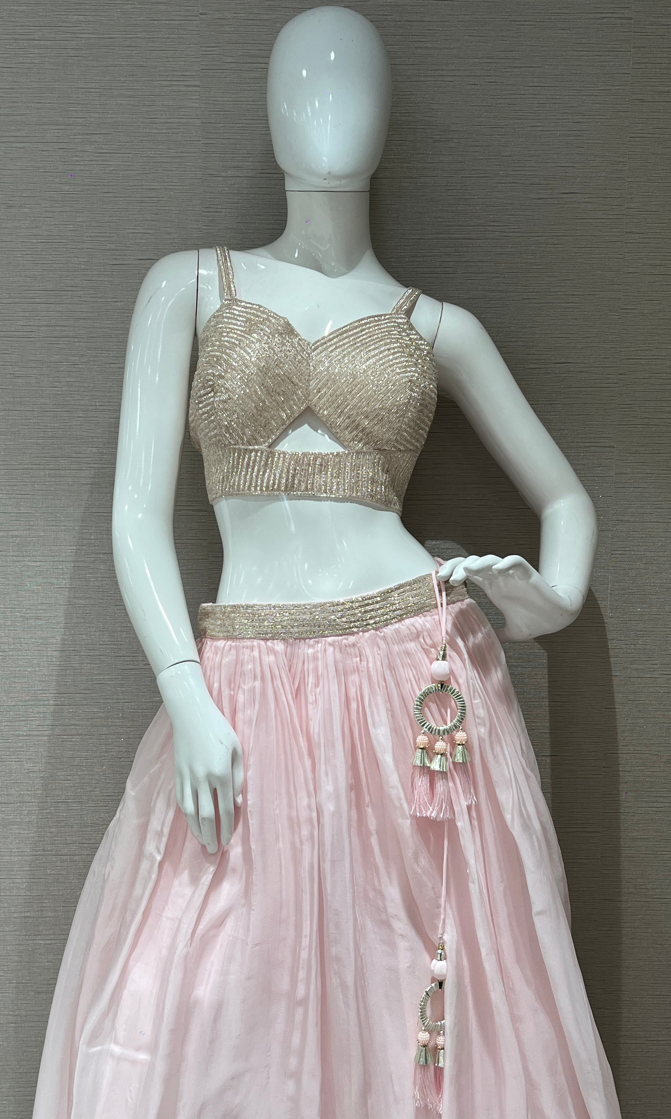 Baby pink Lehenga with floral embossing