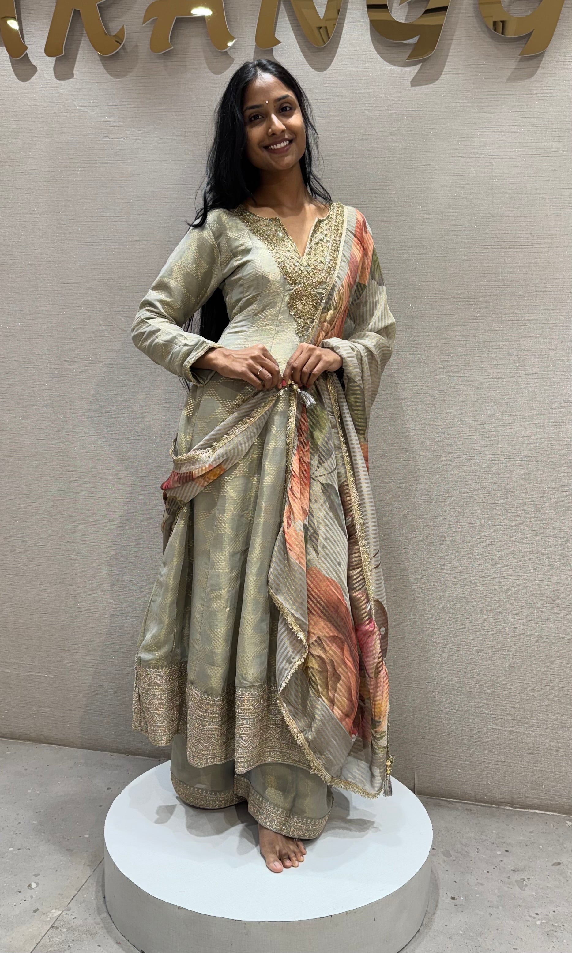GREY Silk Anarkali Set with Floral Dupatta