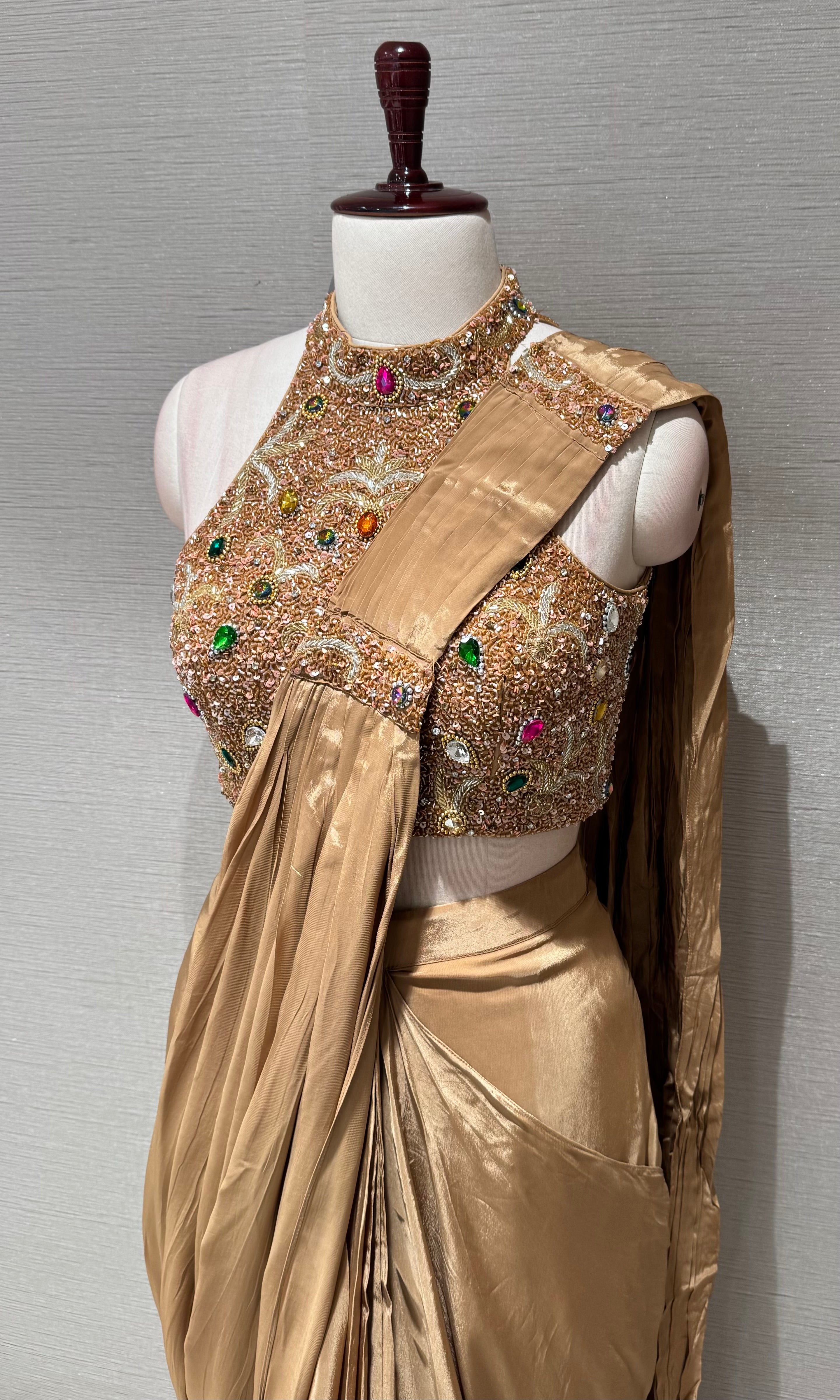 Gold Shimmer Saree with Jeweled Halter Blouse
