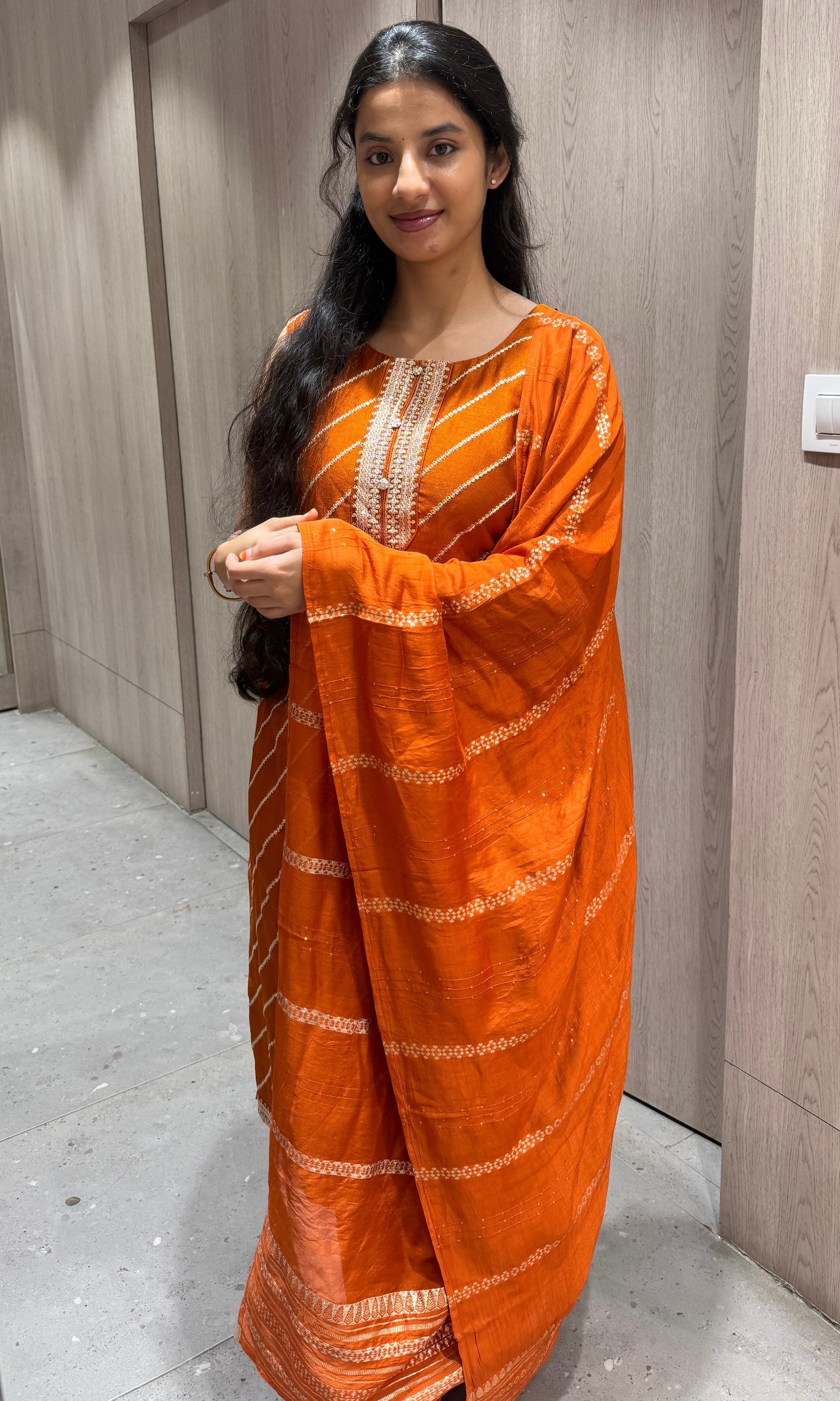 Rust orange Leheriya Kurta Set