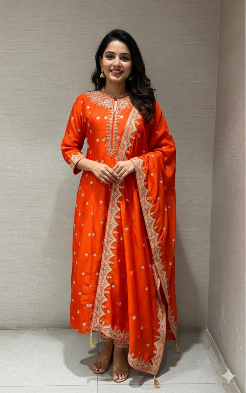 Orange GOLDEN MOTIF EMBROIDERED ANARKALI