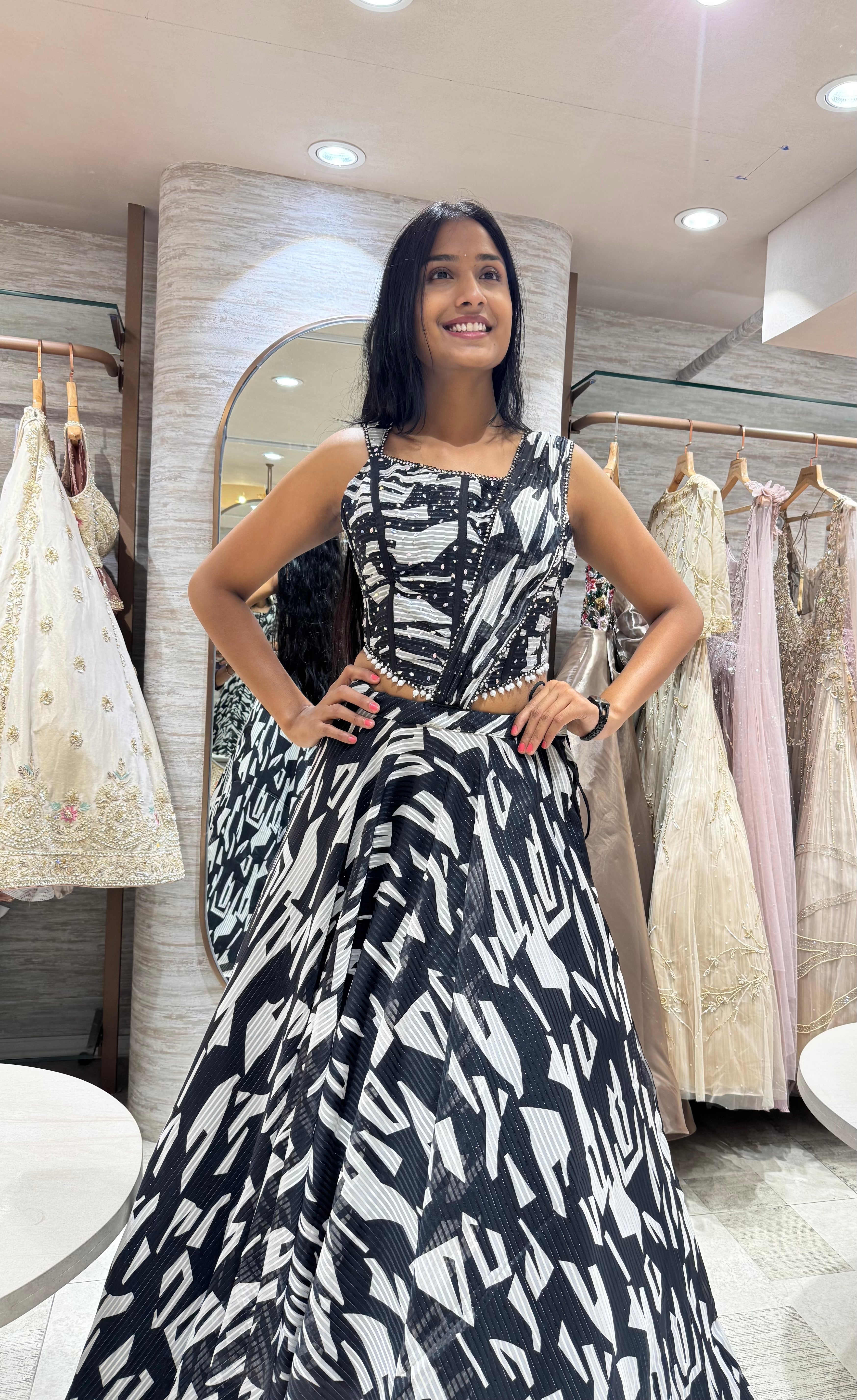 black and white printed EMBROIDERED LEHENGA