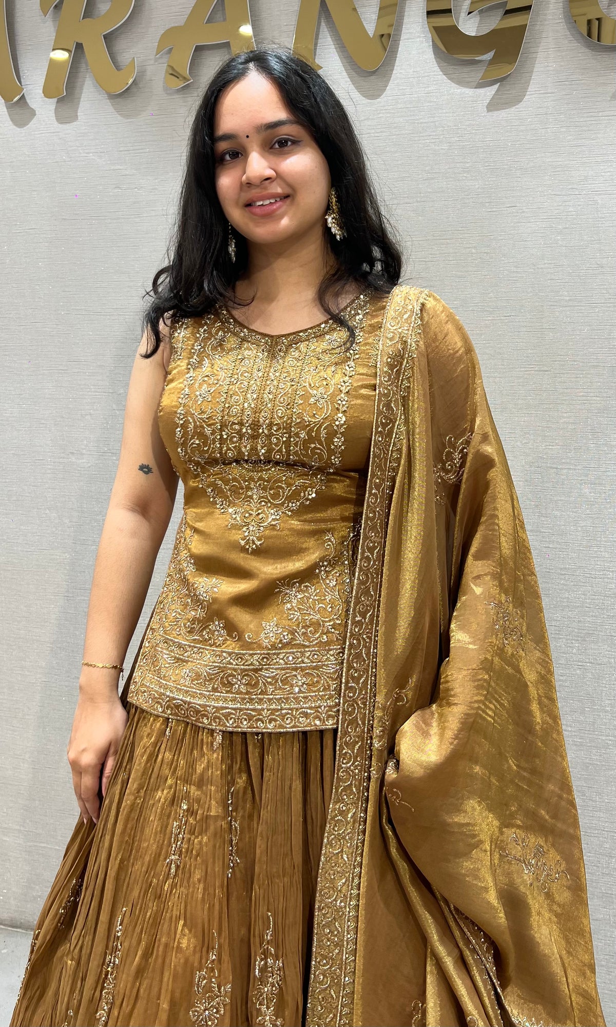 Brown Golden Tissue silk Lehenga Set