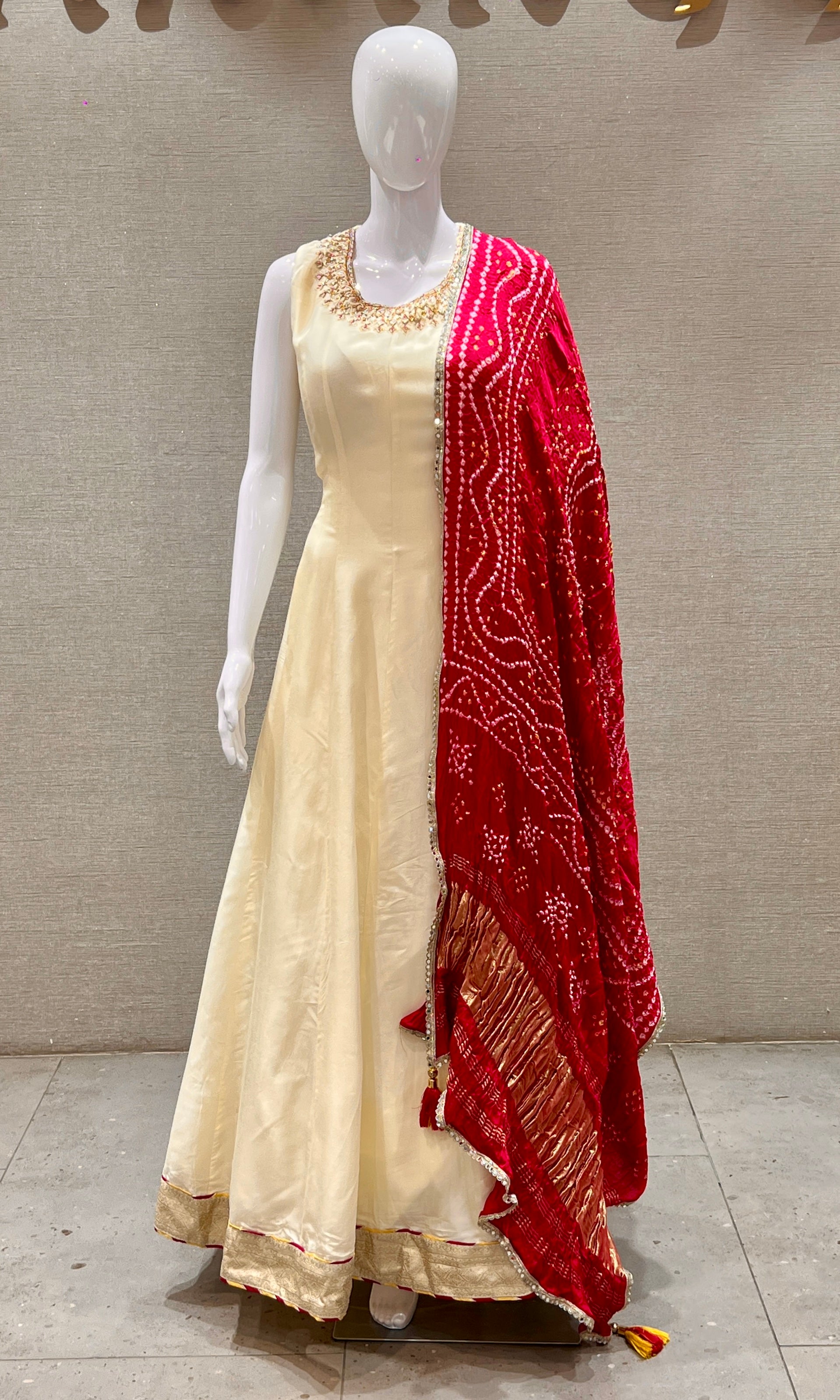 Ivory Silk Anarkali with Red Bandhani Dupatta Ivory Silk Anarkali with Red Bandhani Dupatta