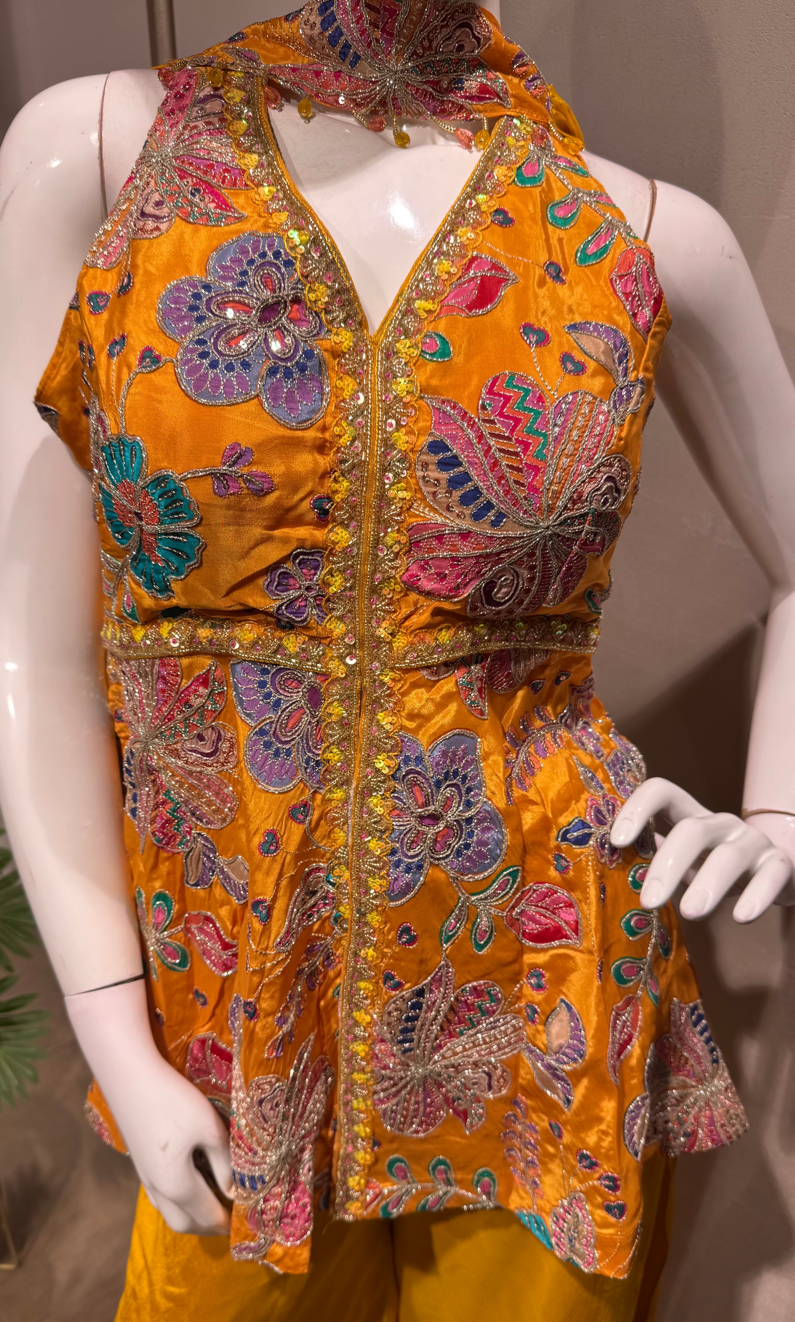 yellow embroidered peplum palazzo set