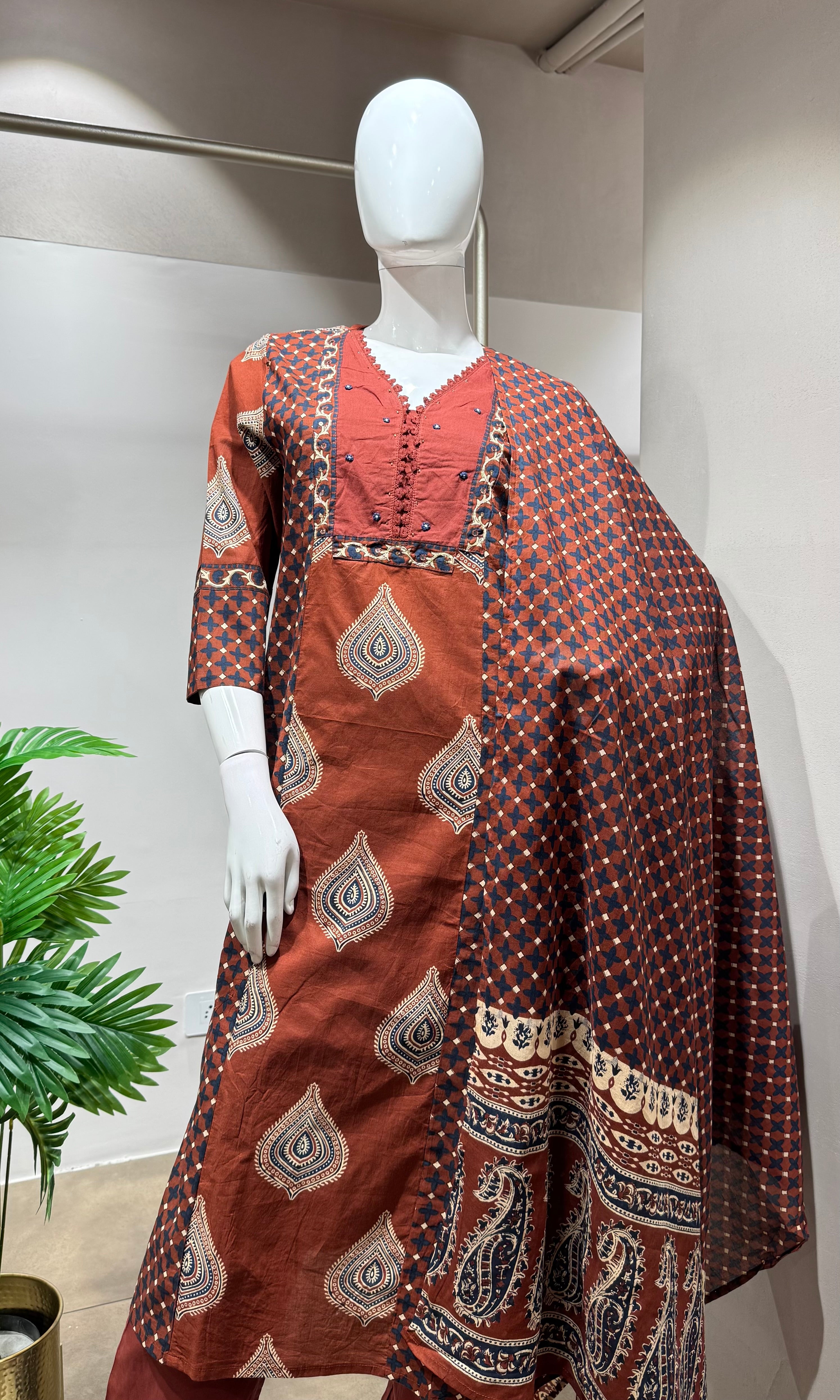 Brown block print design kurta set