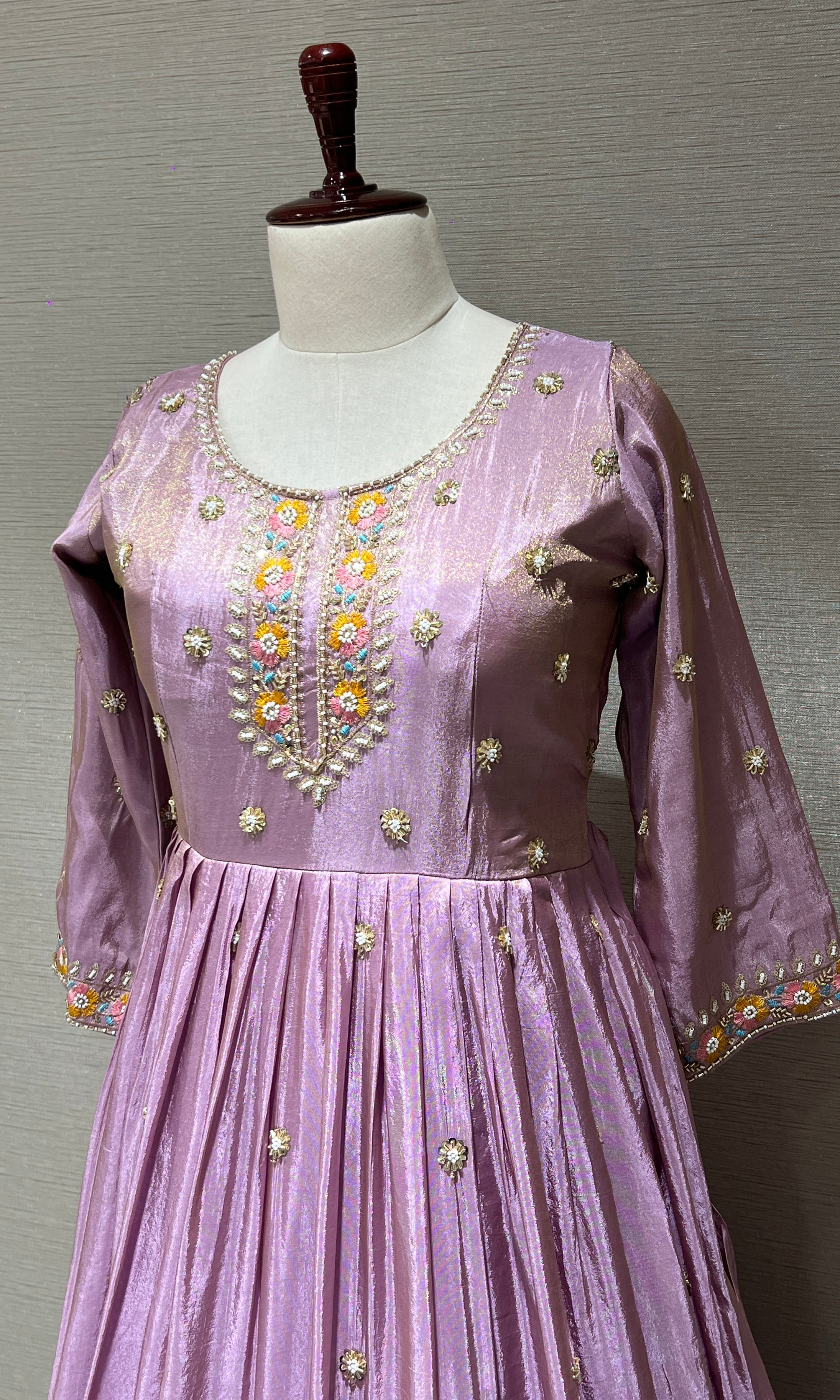 Lilac Anarkali Long Gown with Floral Embroidery and Dupatta