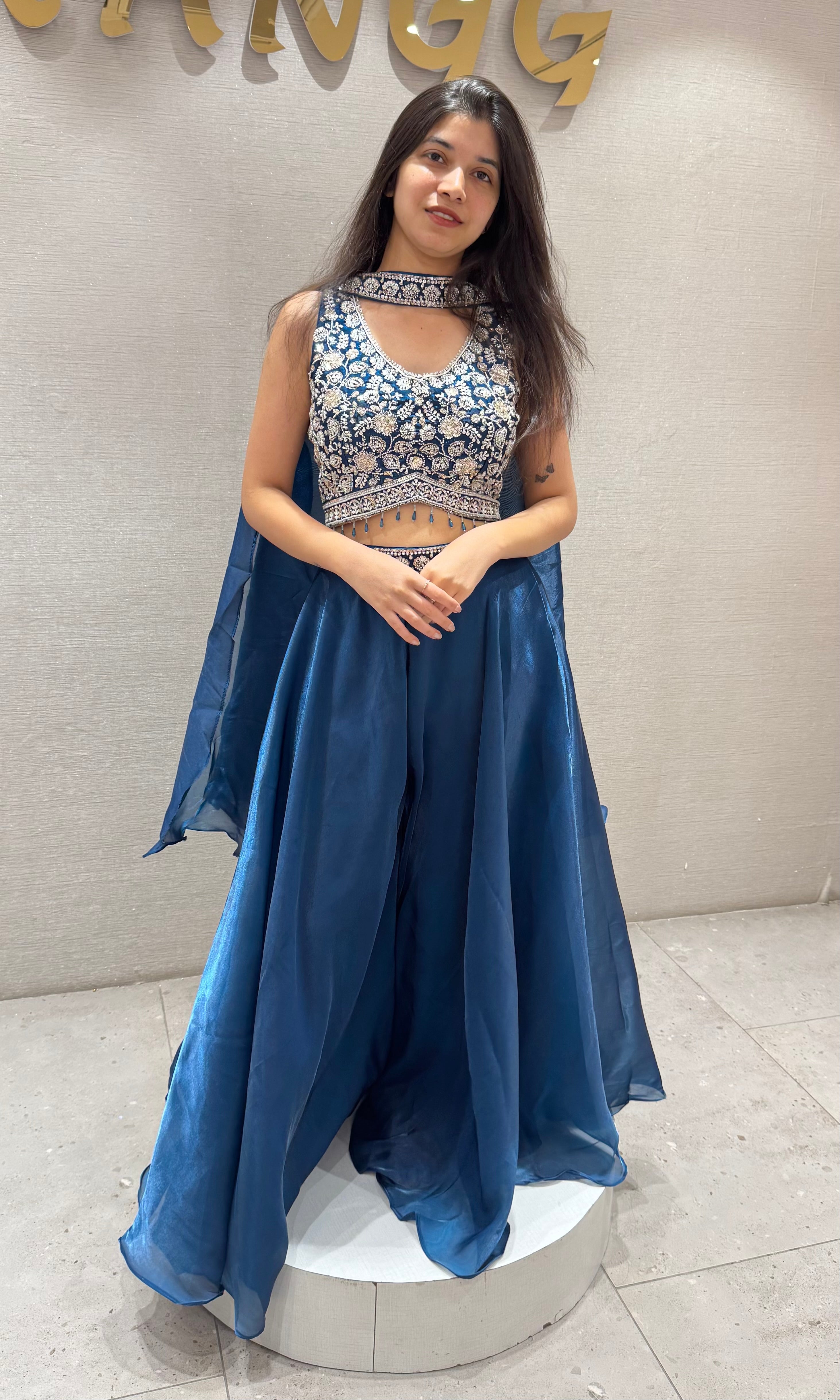 Teal Blue embroidered Crop Top Palazzo set