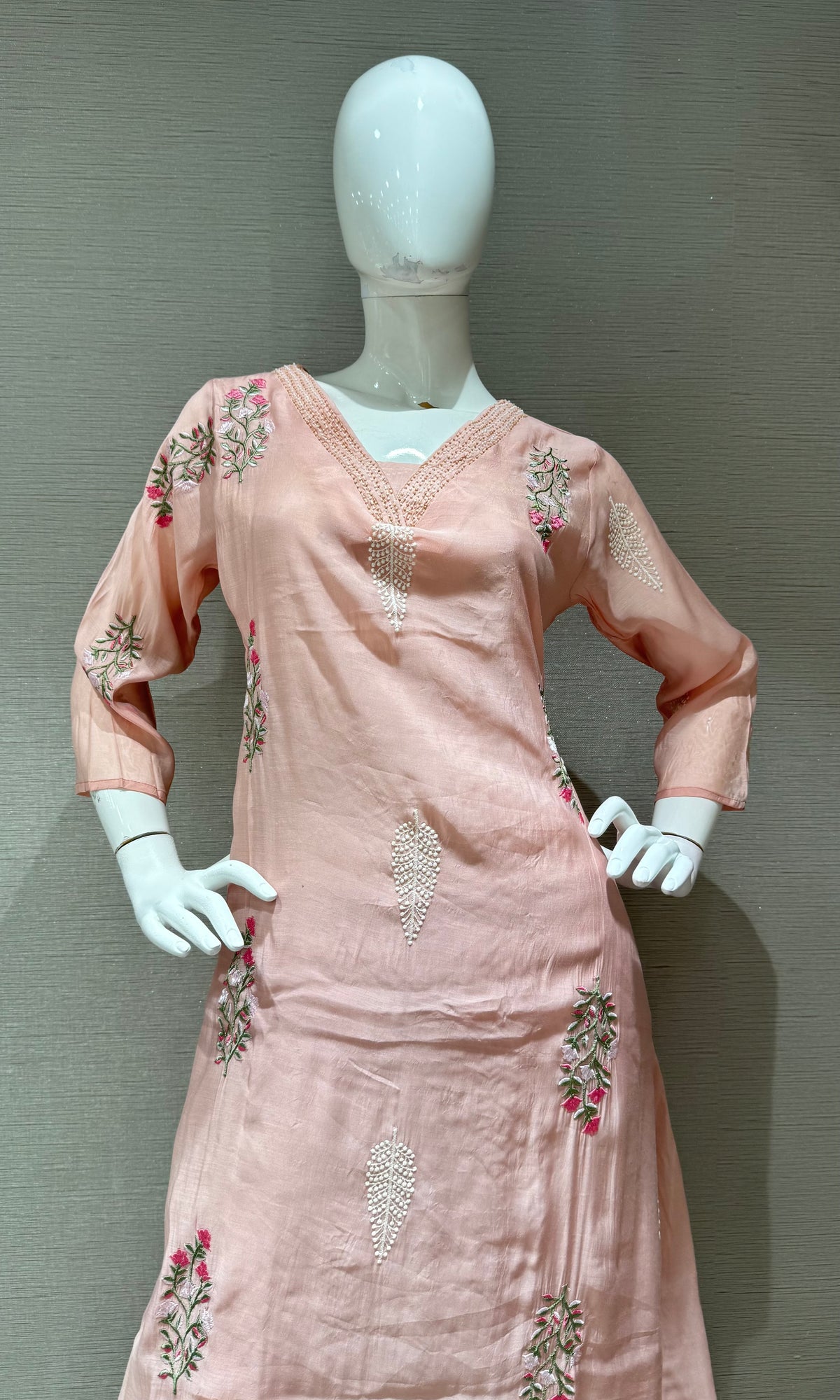 Peach Chanderi Silk Floral Embroidered Kurta Set with Dupatta