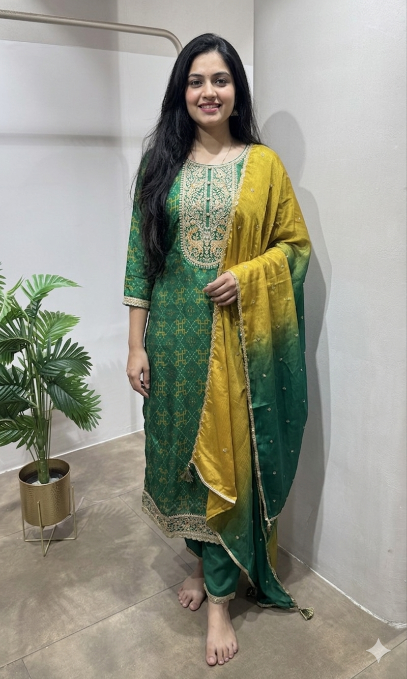 Green embroidered kurta set with dupatta