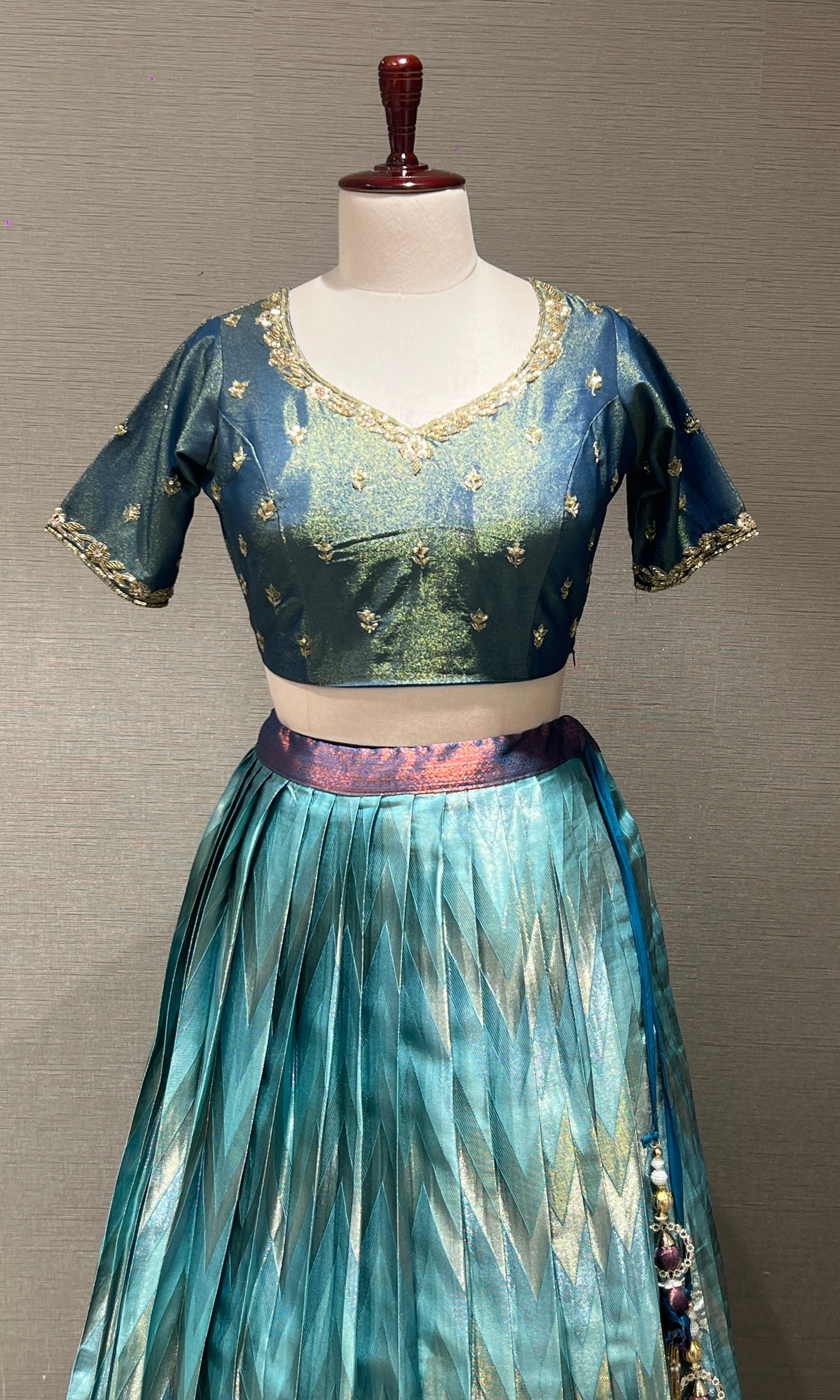 Blue Banarasi Lehenga with Navy Border