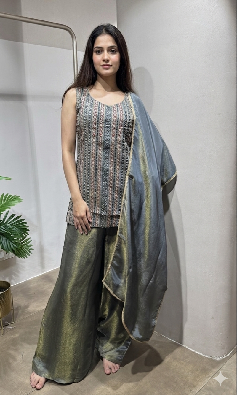 Grey Sleeveless Kurti & Flared Palazzos