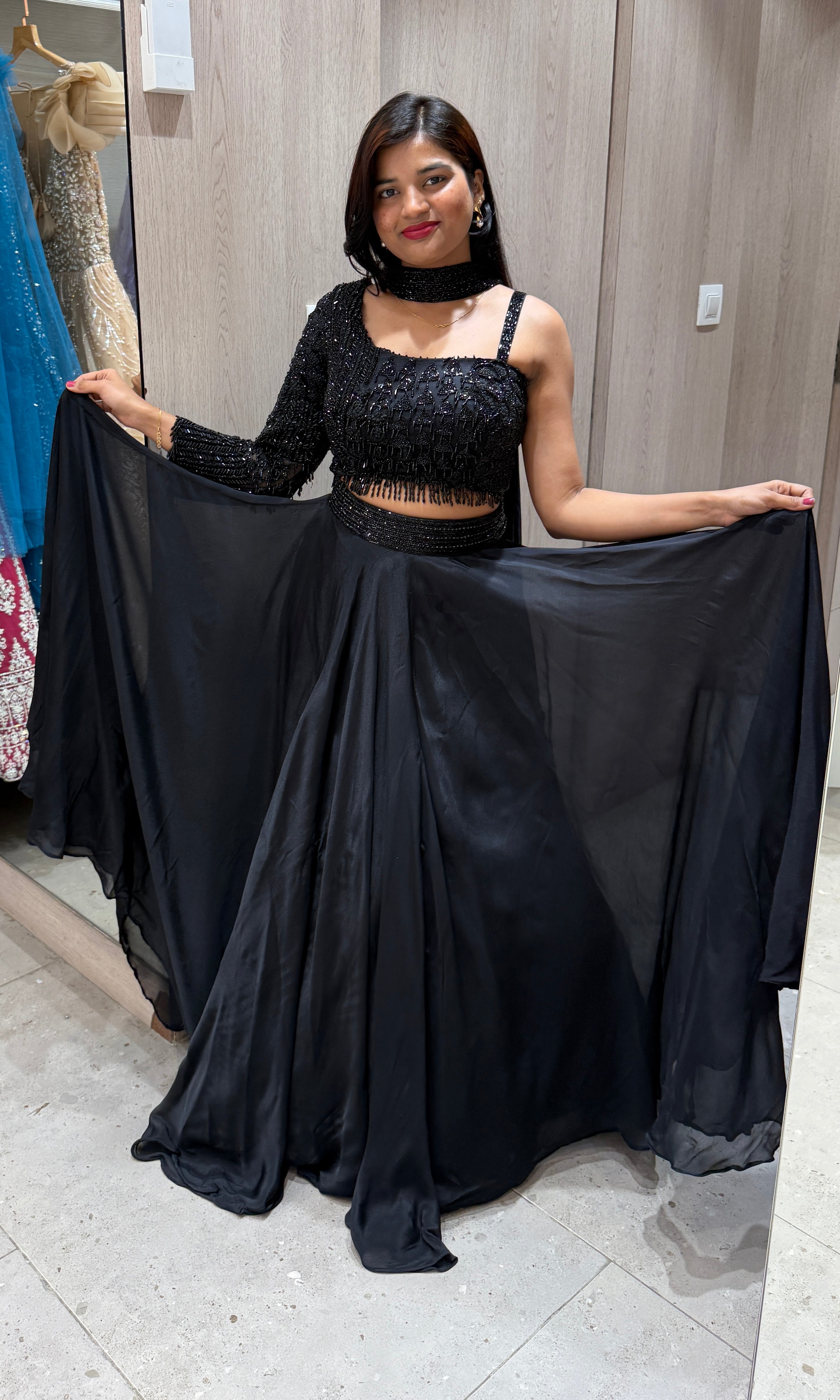 Black lehenga with designer blouse 1000