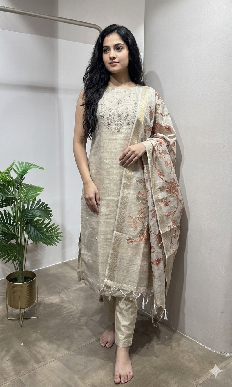 cream kurta set with floral printed dupatta