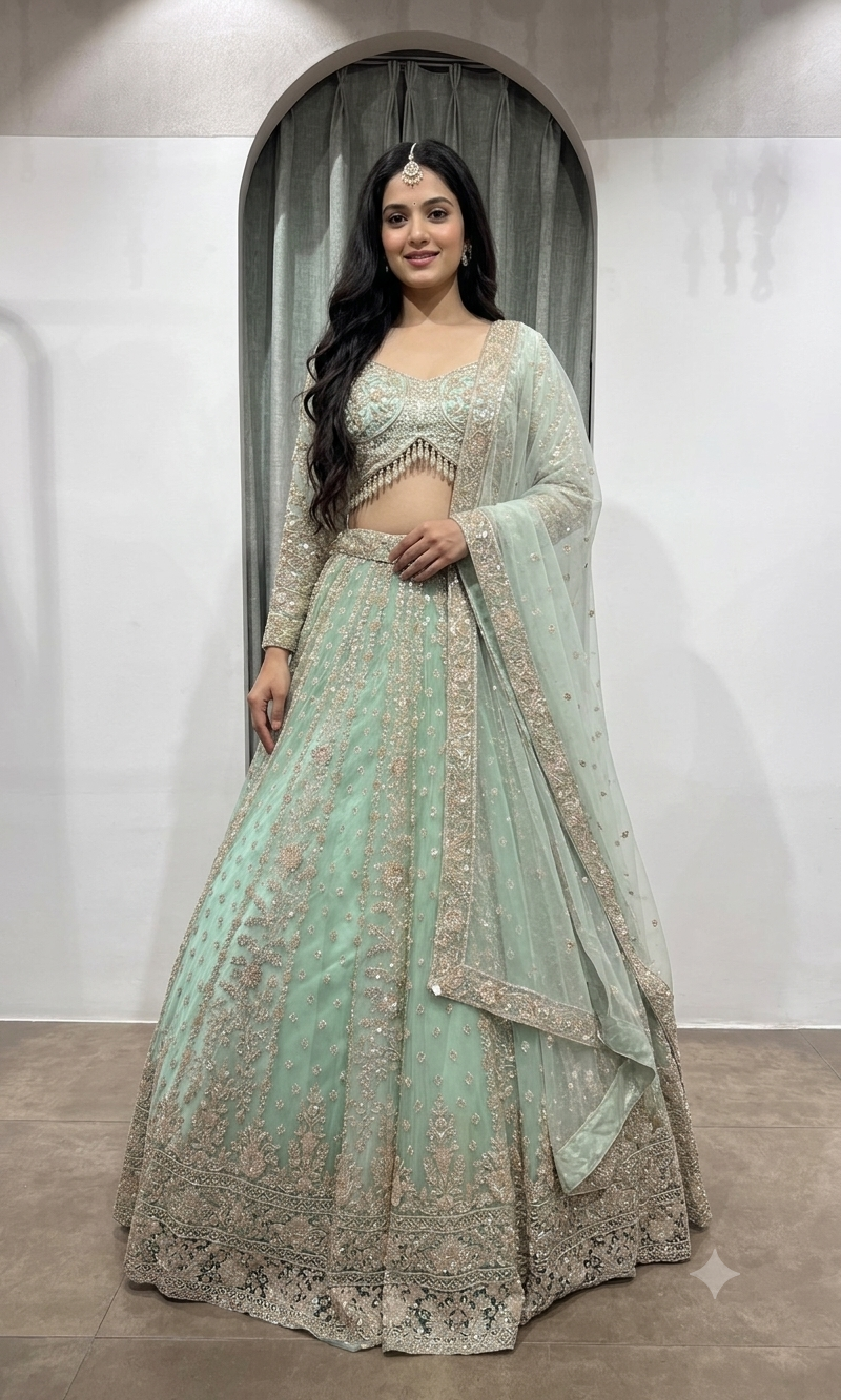 Pista Green Bridal Lehenga with Shimmering Border