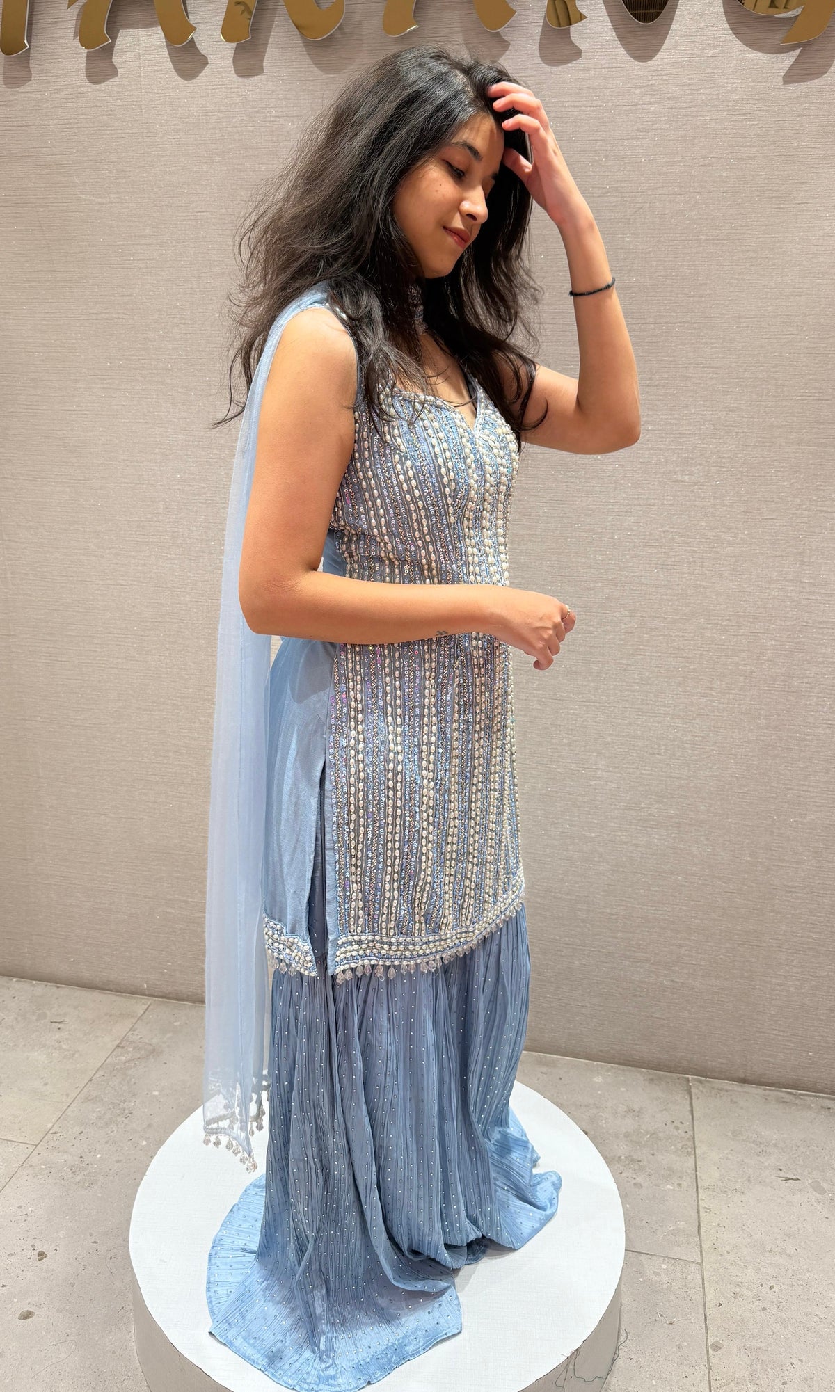 Blue beaded sharara set