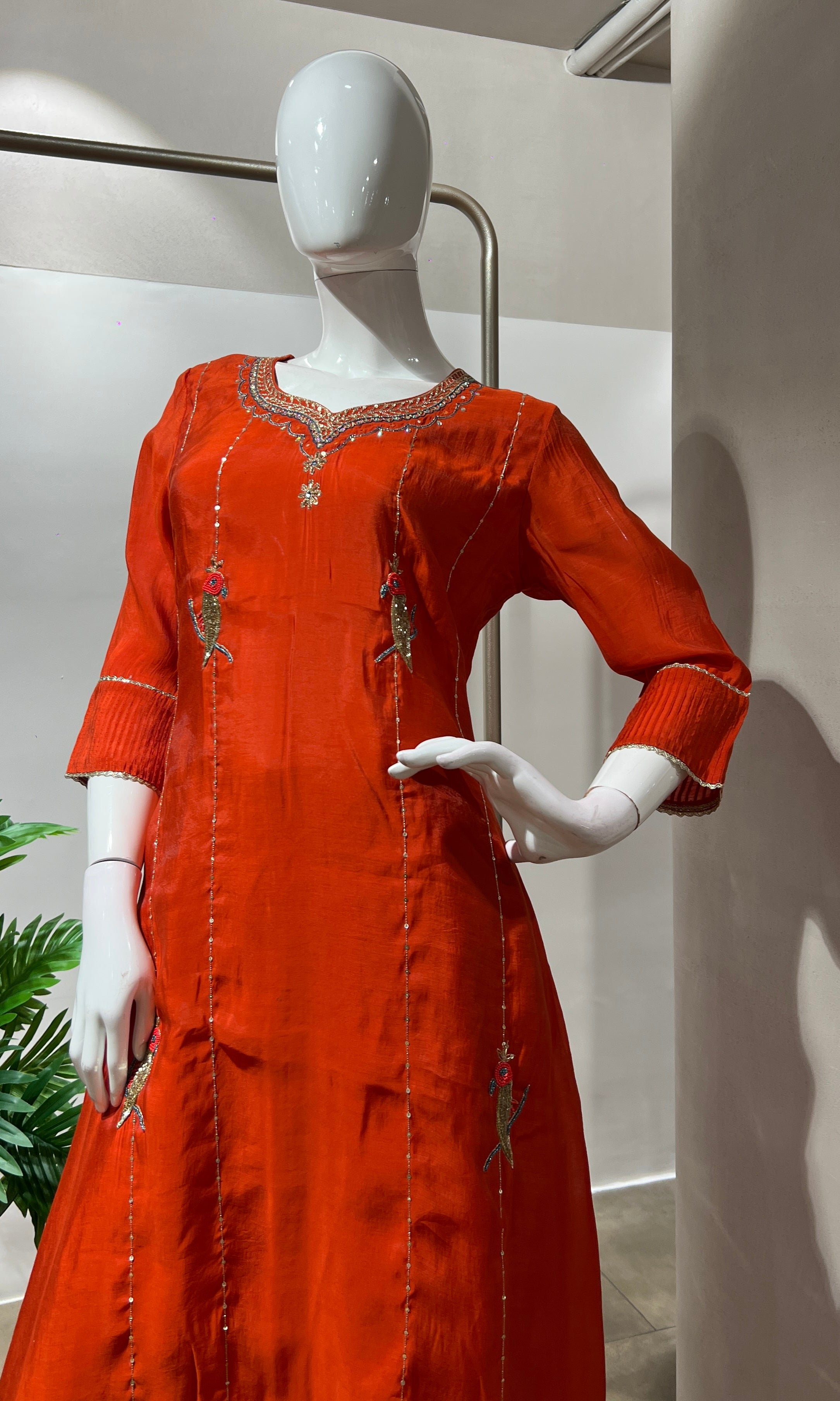 RUST Floral EMBROIDERY MULCHANDERI KURTA SET