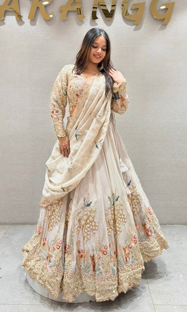 Cream Lehenga WITH MOTI WORK EMBROIDERED