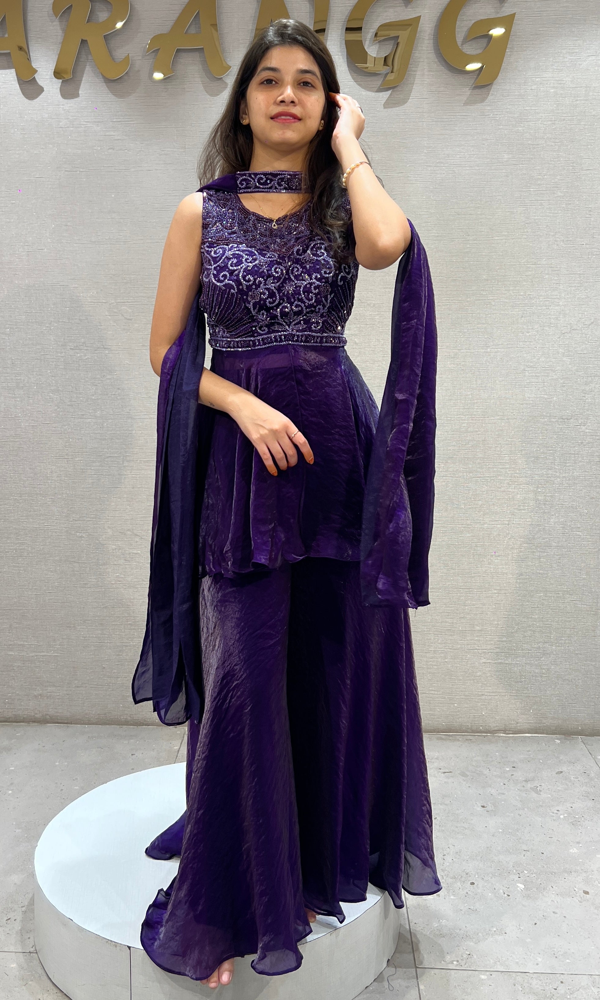 Purple Peplum Top with Flared Palazzo & Choker Dupatta Set