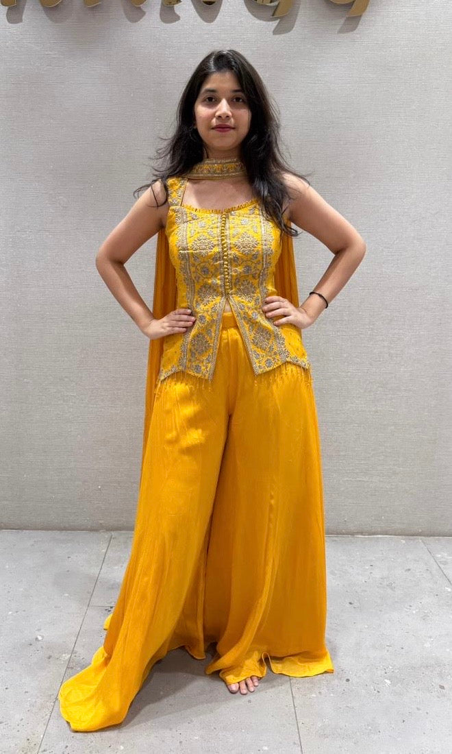 Yellow Embroidered Peplum Palazoo Set