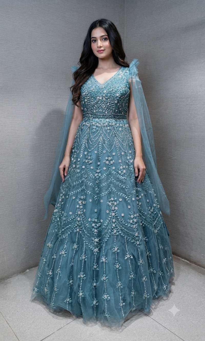 Sage Green Floral Embellished Tulle Ball Gown
