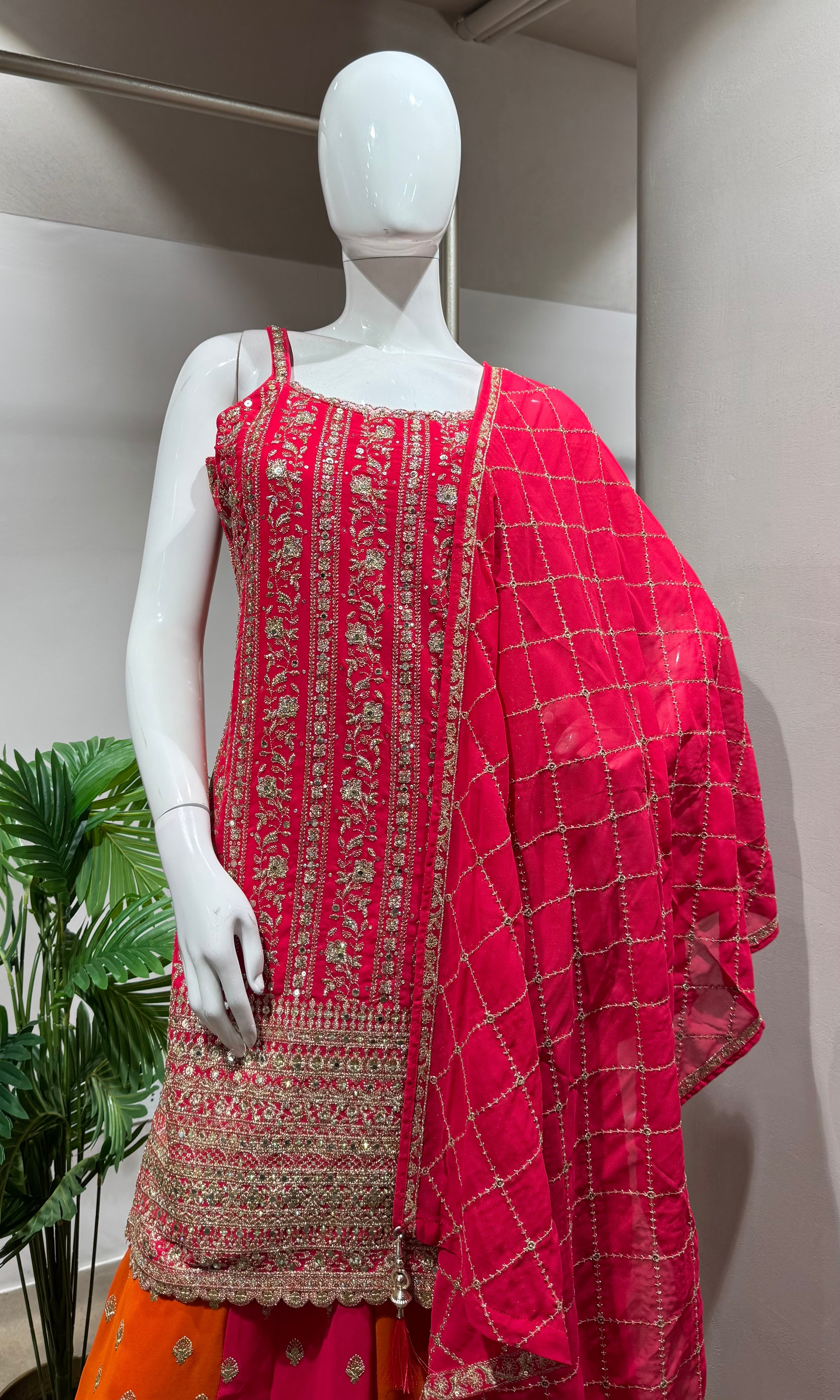 PINK AND ORANGE EMBROIDERED SHARARA SET