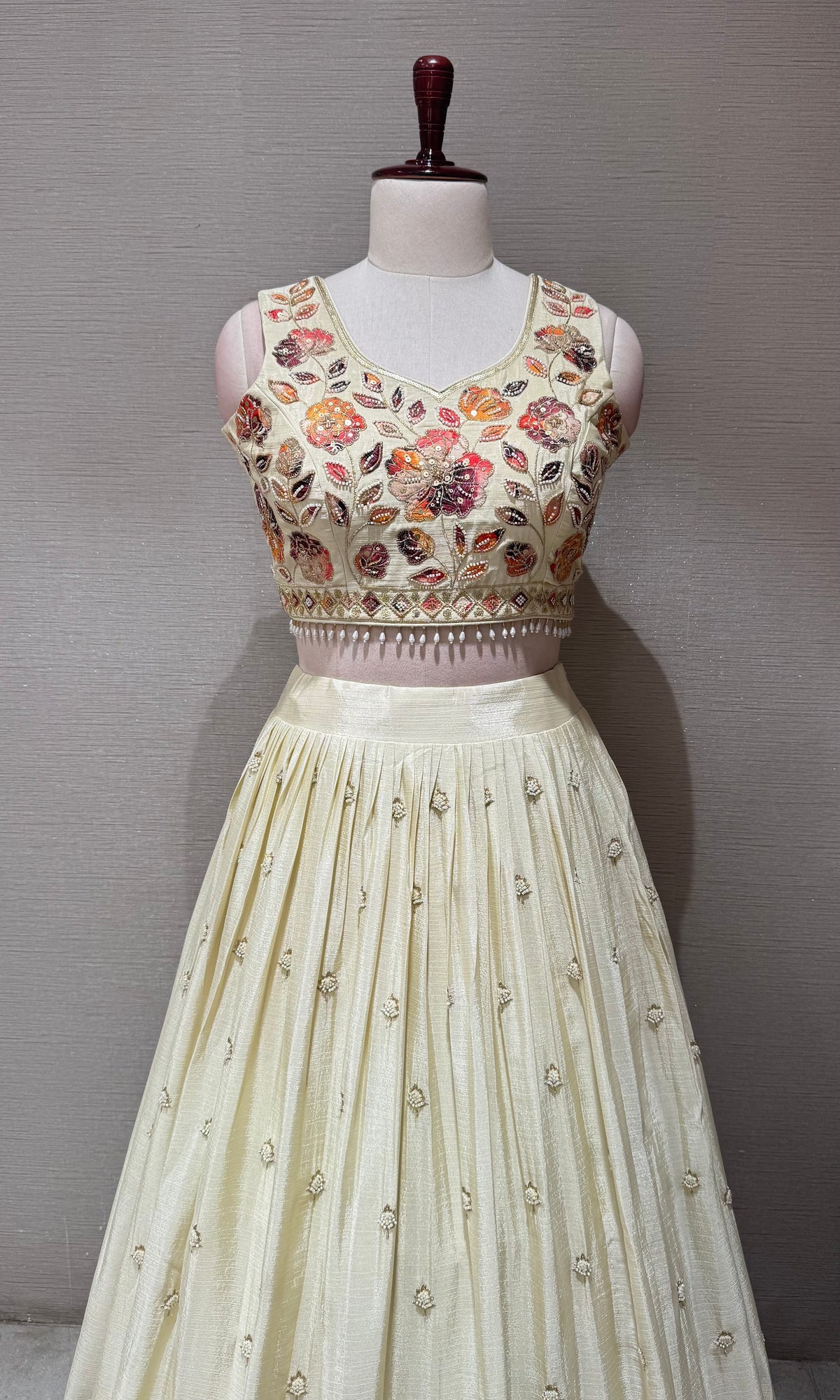 Cream Tissue silk Multi Floral Crop Top Lehenga set