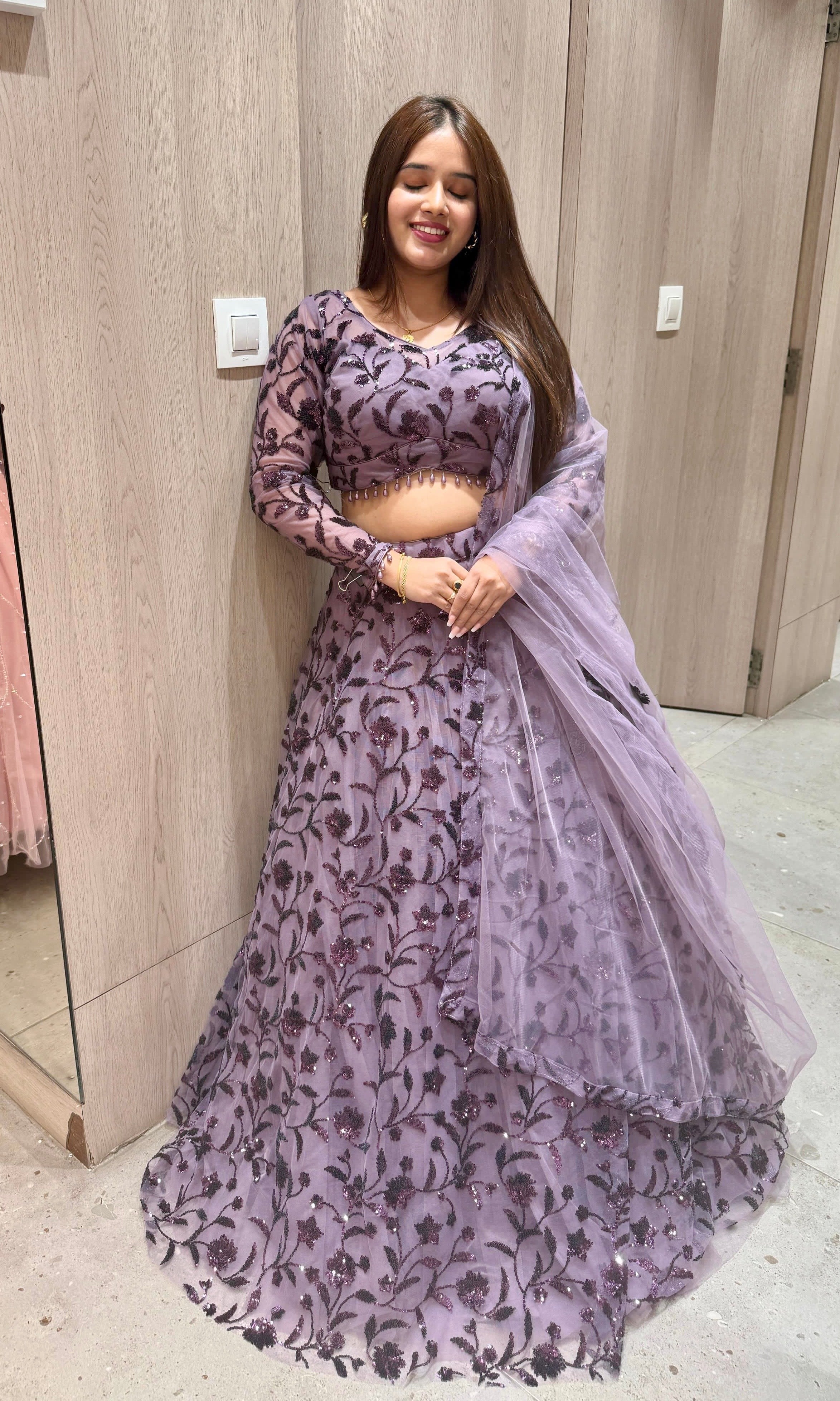 Mauve Sequin Floral Work Designer Lehenga