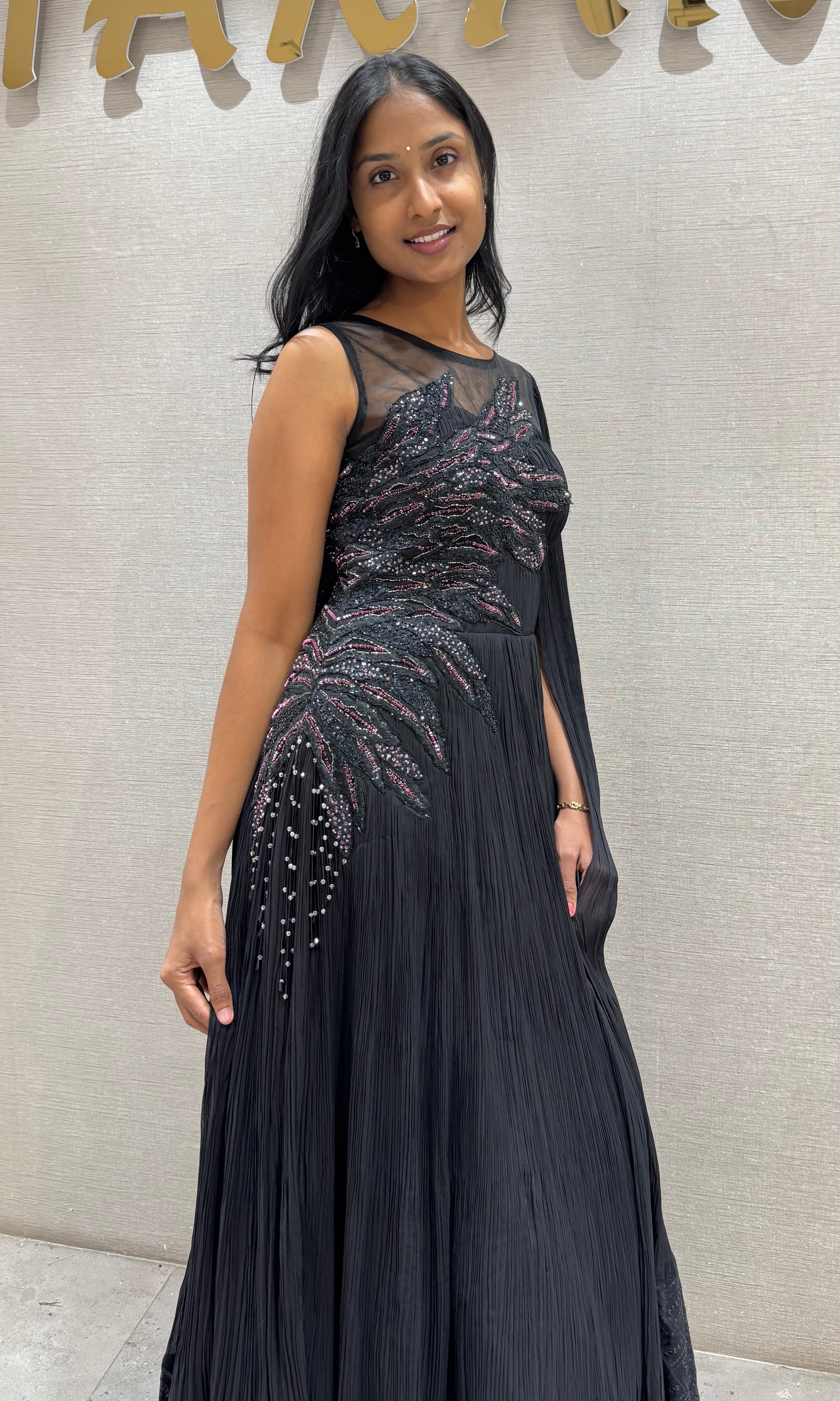 Black Swarovski stone long dress with ruffles