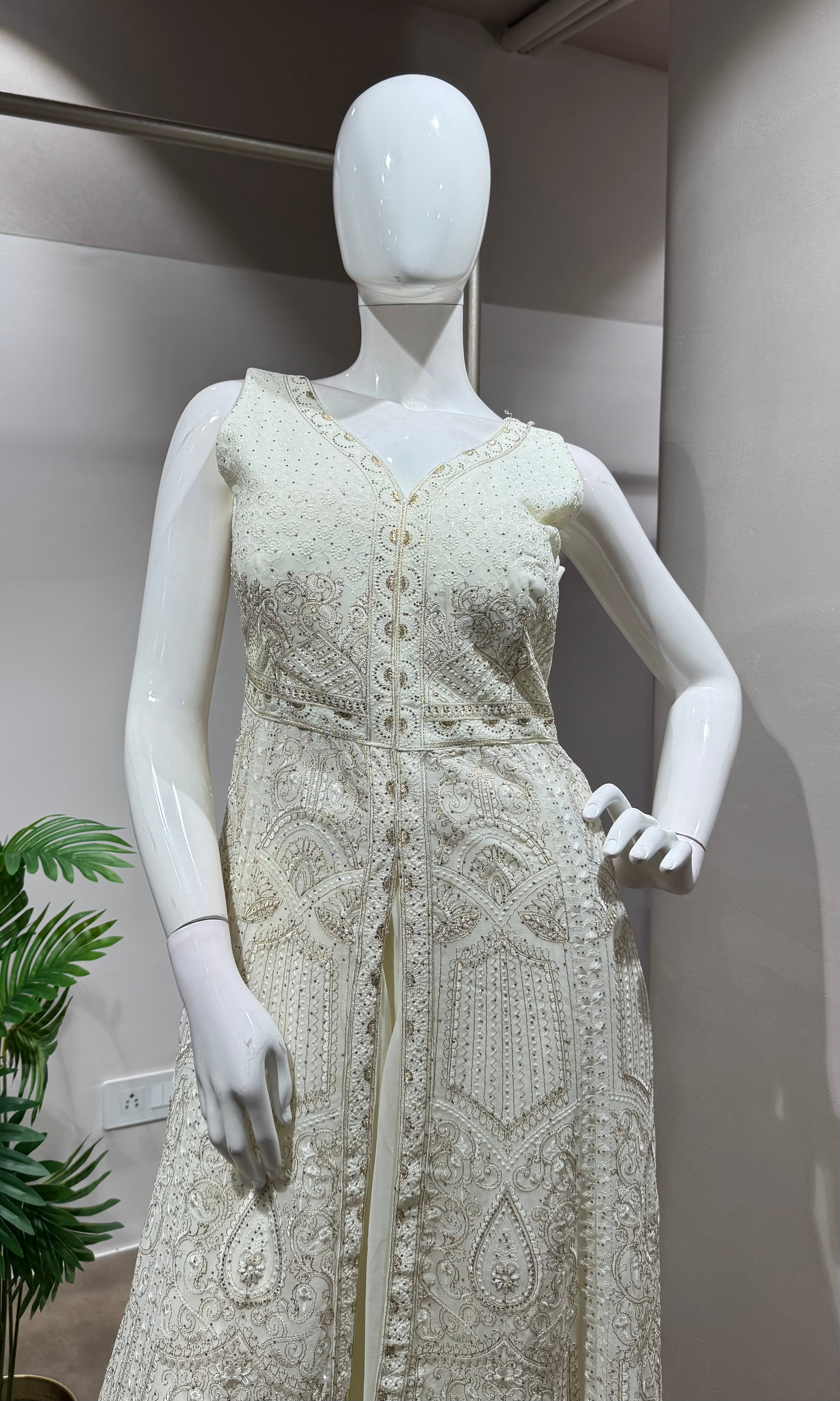 CREAM FRONT SLIT ANARKALI & PALAZZO SET