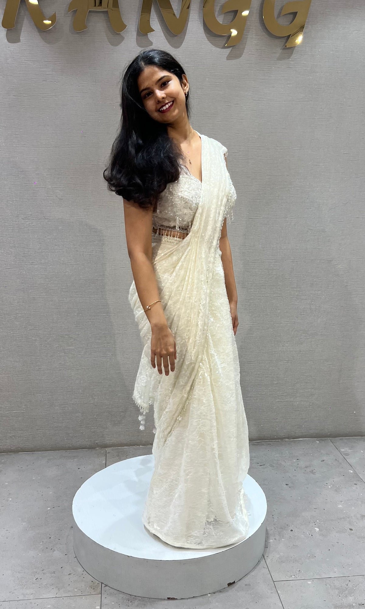 Cream Lace Tissue net Drape Saree with Blouse