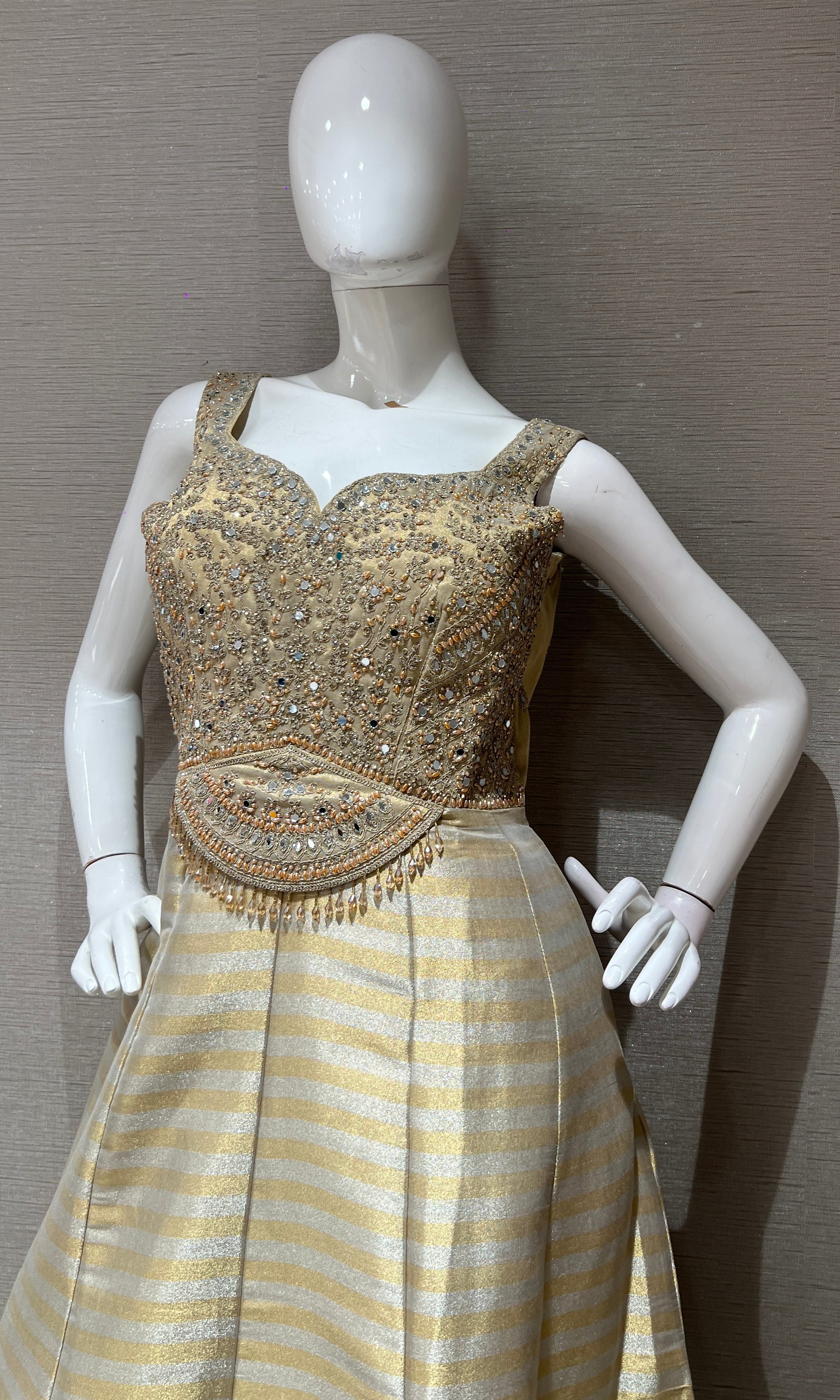 Blue and Gold Striped Anarkali Set with dupatta