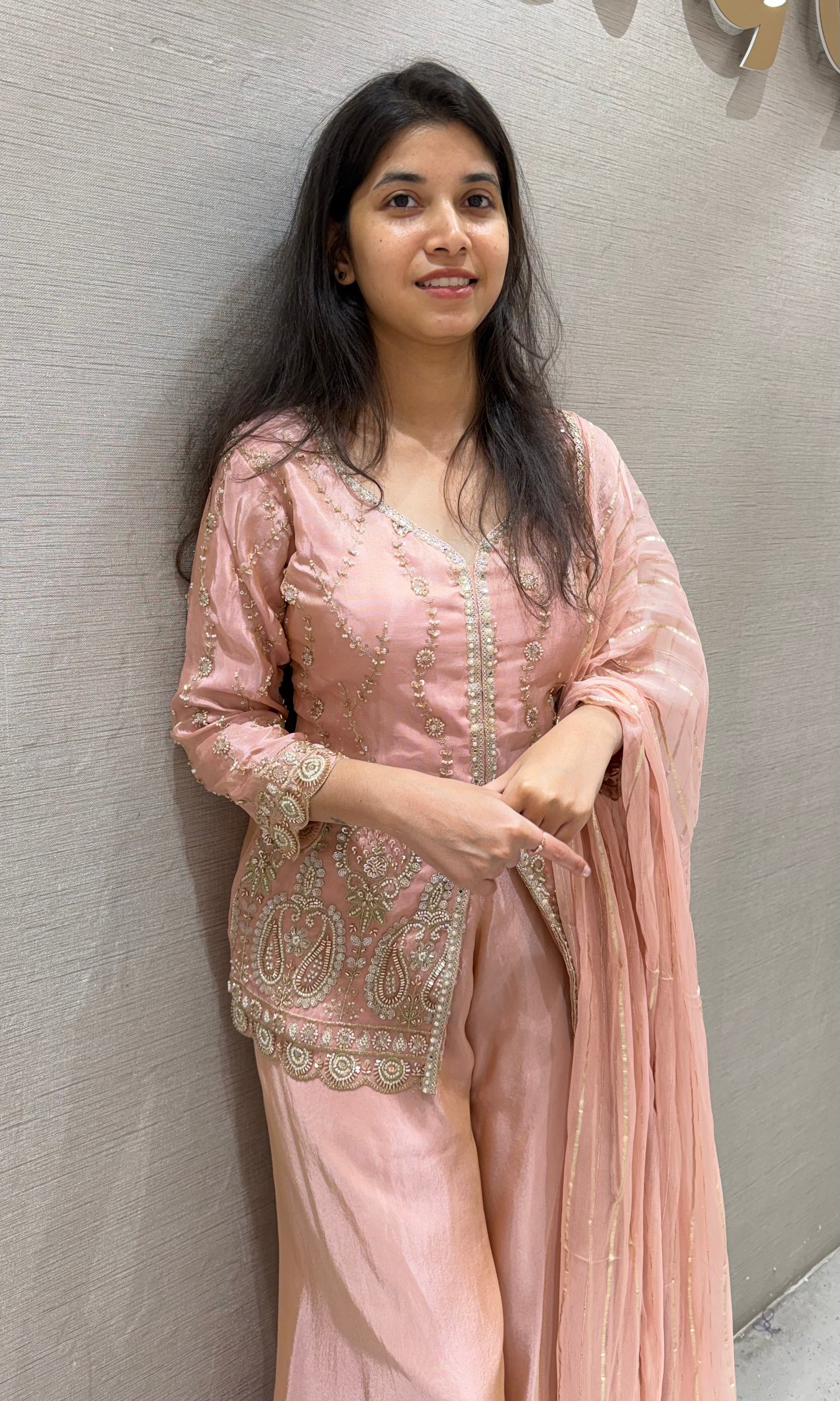 Peach EMBROIDERED PEPLUM PALAZZO SET