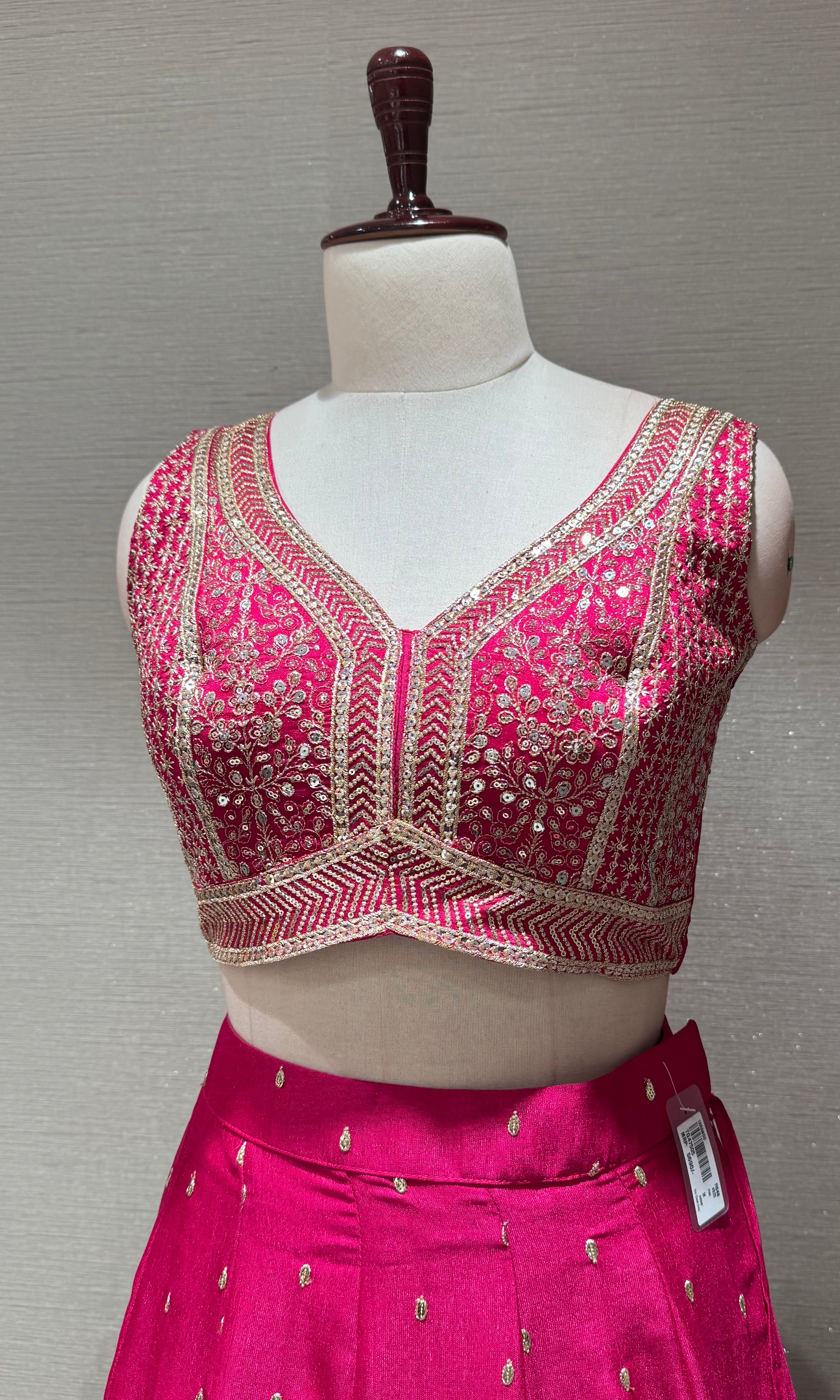 Bright Pink Silk Lehenga set with Gold Border