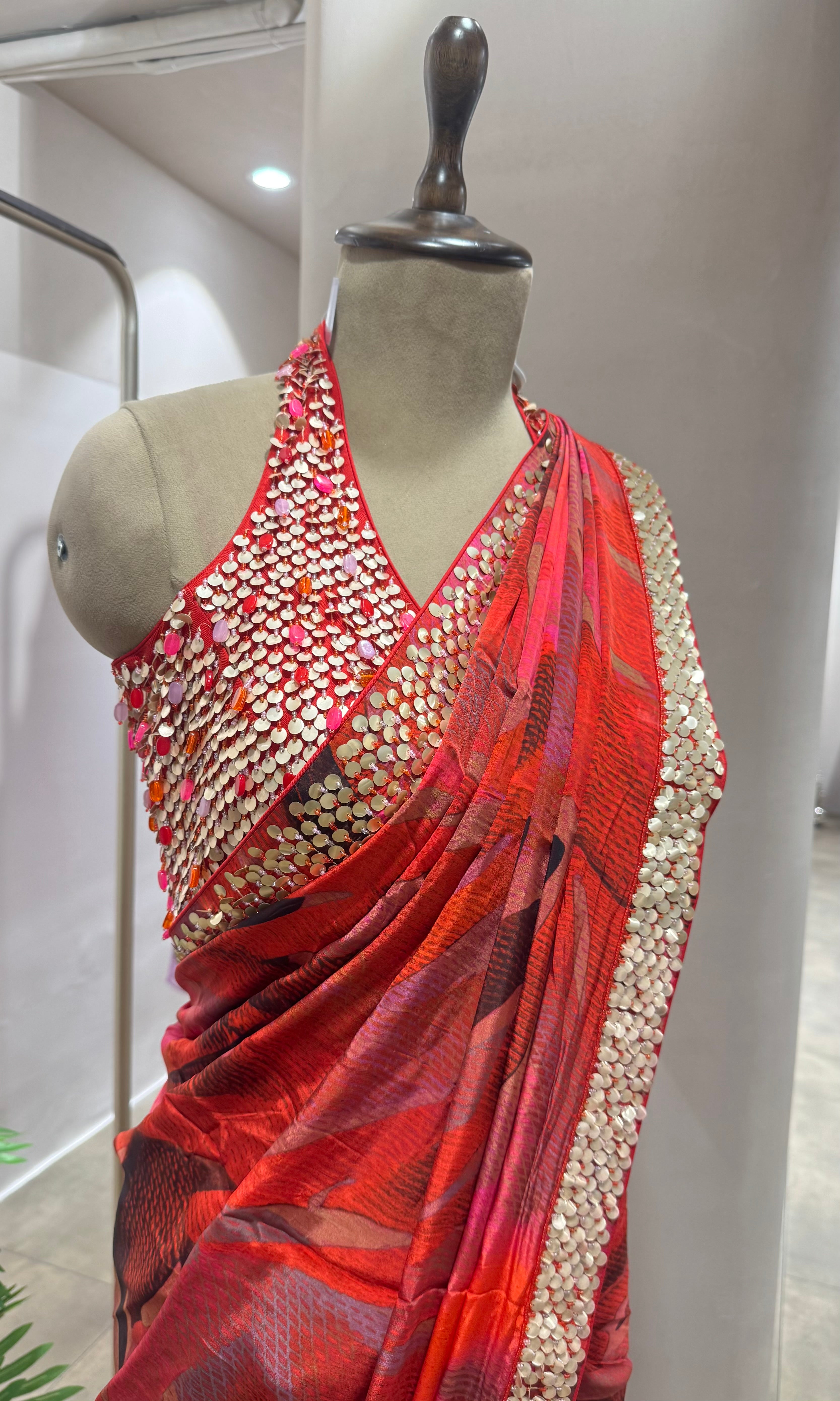 DESIGNER RED SAREE WITH HALTER NECK BLOUSE