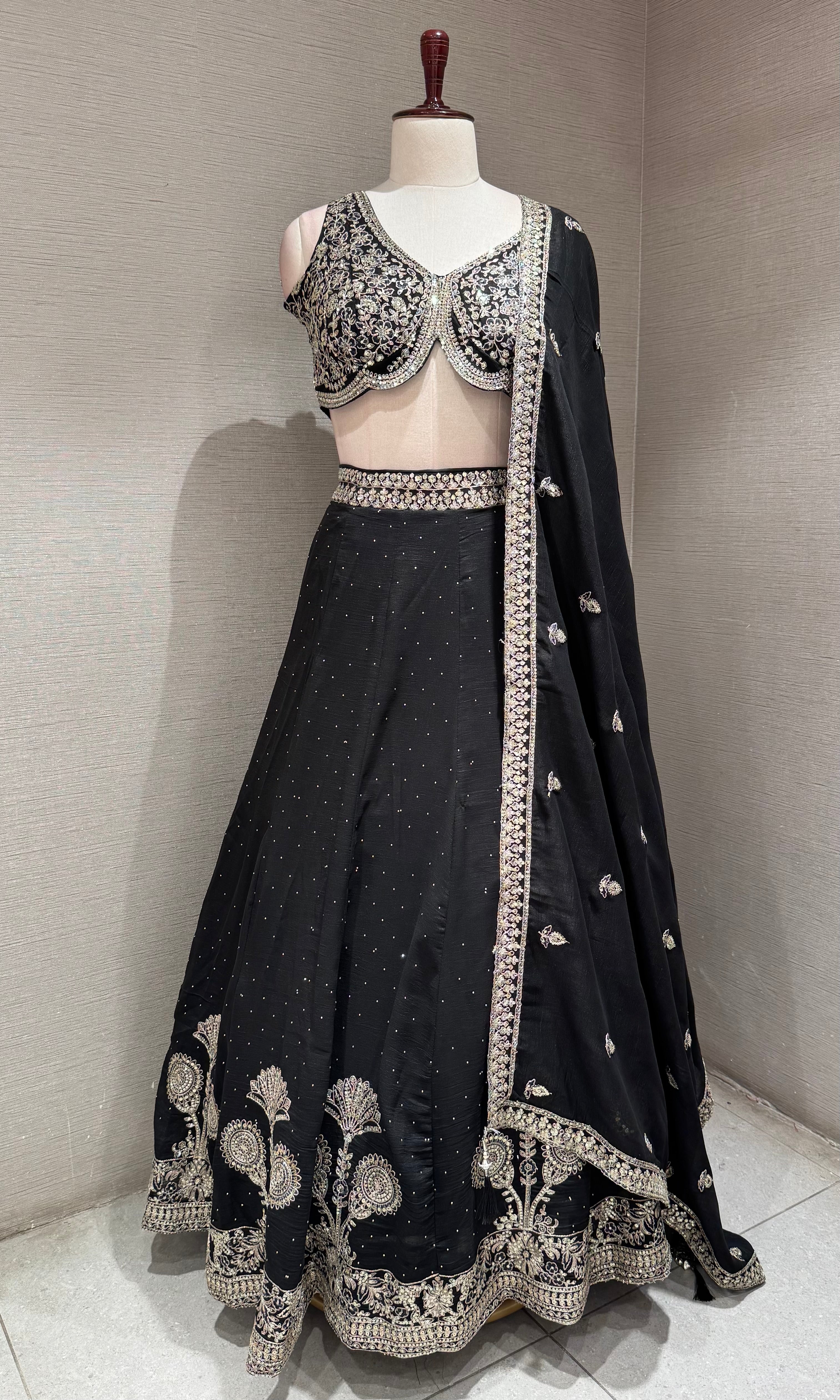 Black Lehenga with Intricate Silver Border