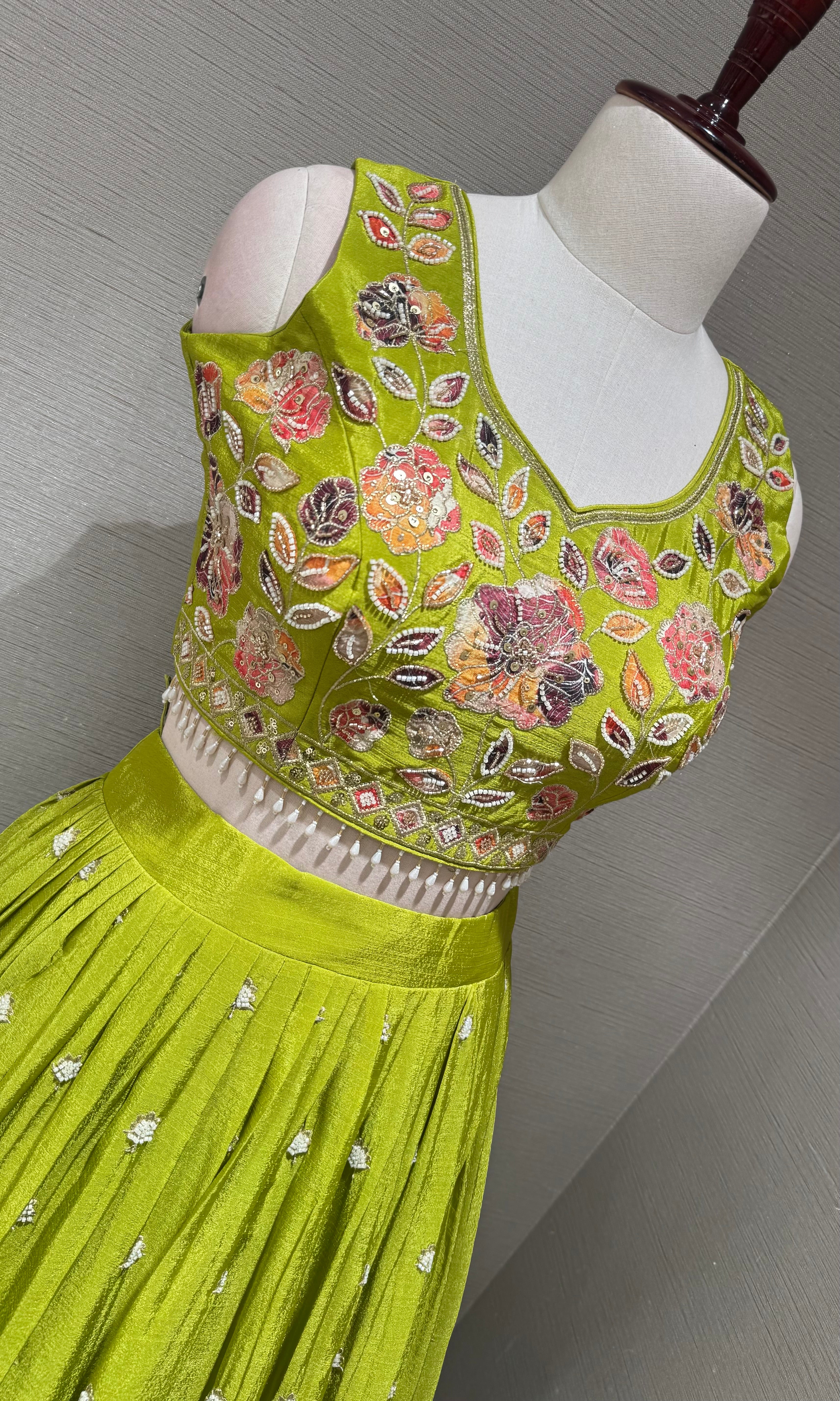 Green Tissue silk Multi Floral Crop Top Lehenga set