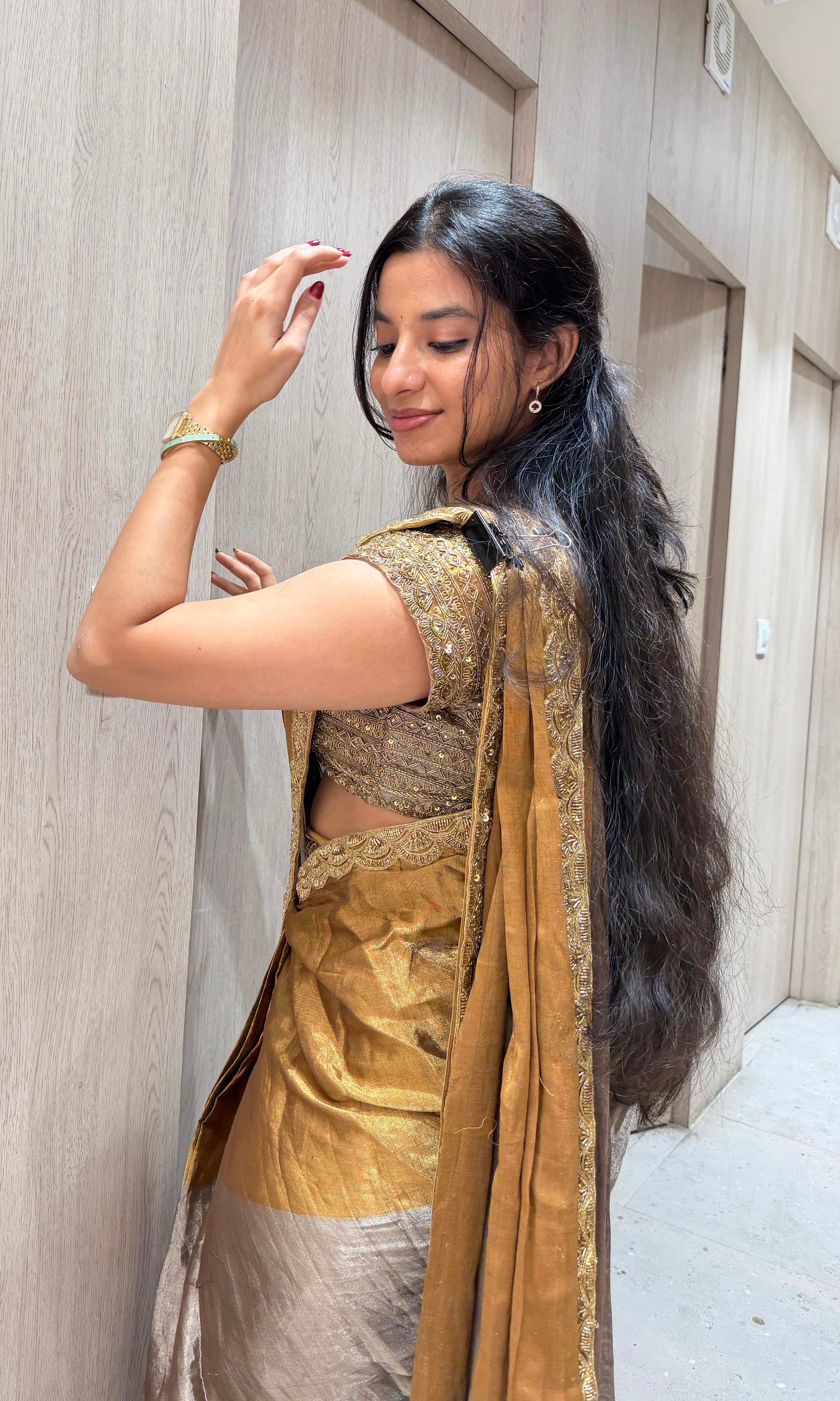 Grey AND GOLD saree WITH EMBROIDERED BLOUSE