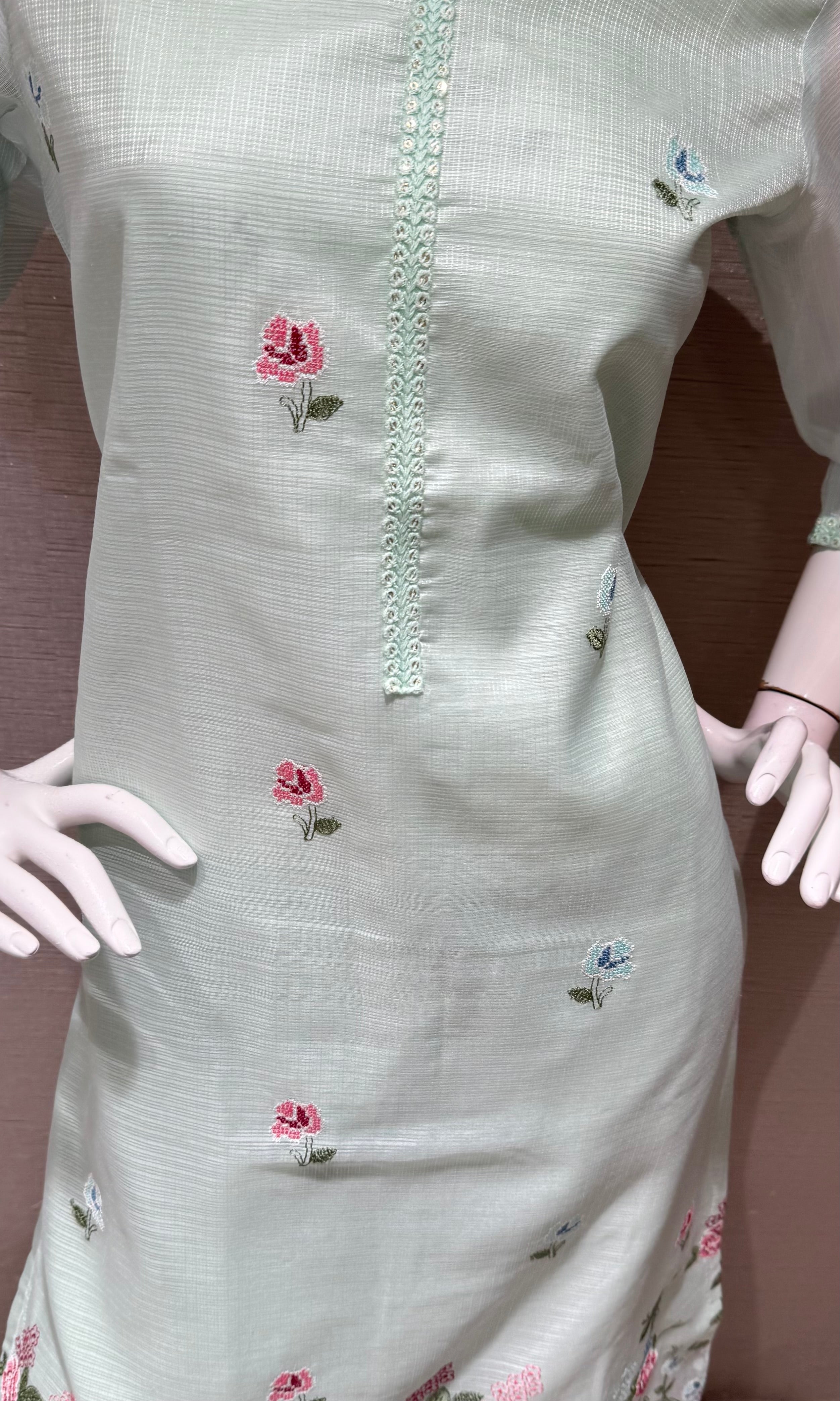 Mint Green Floral Kurta Set with Sheer Dupatta