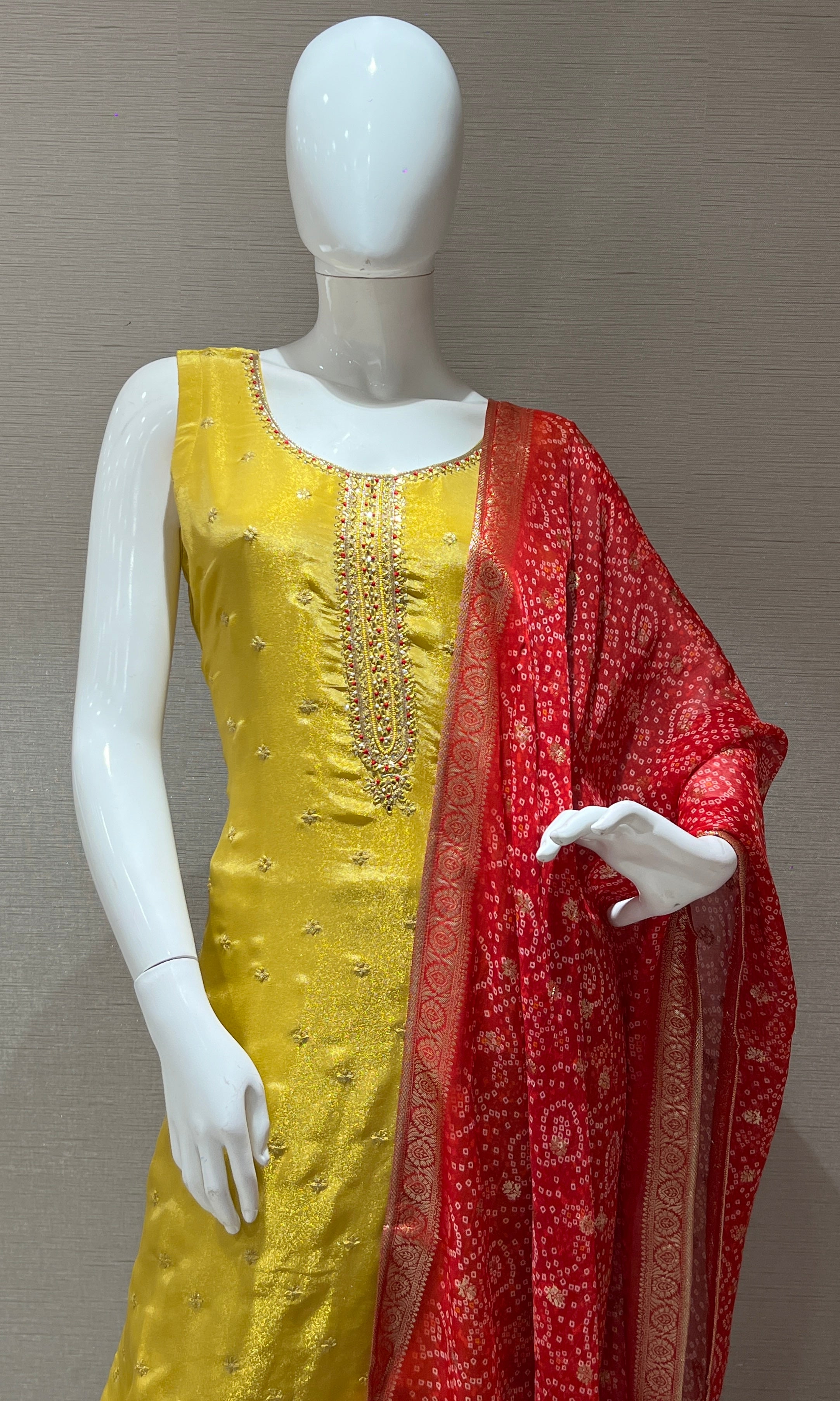 Yellow kurta set with contrast duppatta